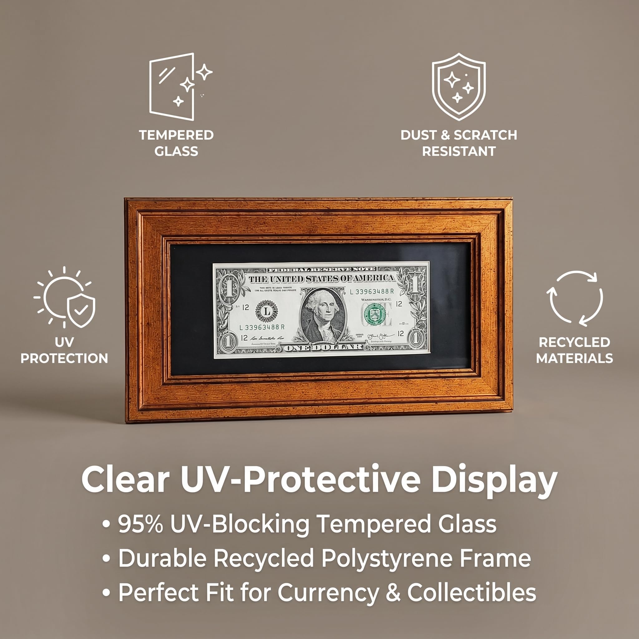 Caja de sombra de billetes de dólar, marco de billetes de dólar o licencia de negocios de 11 x 6 pulgadas, funda retro negra y dorada, marco de certificado de billetes de billete, vidrio protector UV