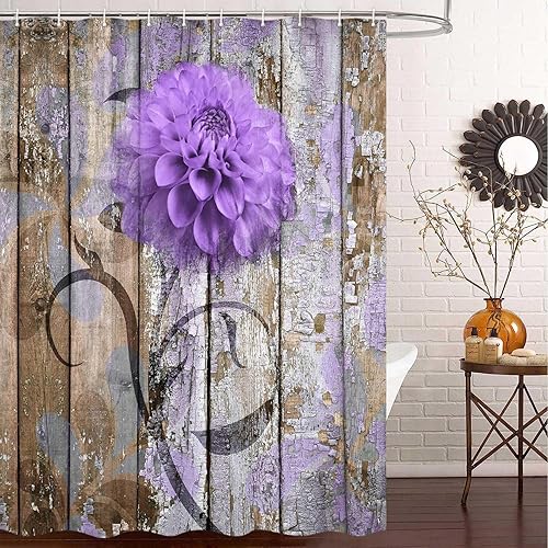 Miniatura 5 de Cortina de ducha con flores de granja, juego de cortina de ducha rústica de dalia morada, cortina de ducha de tela impermeable con ganchos, cortina