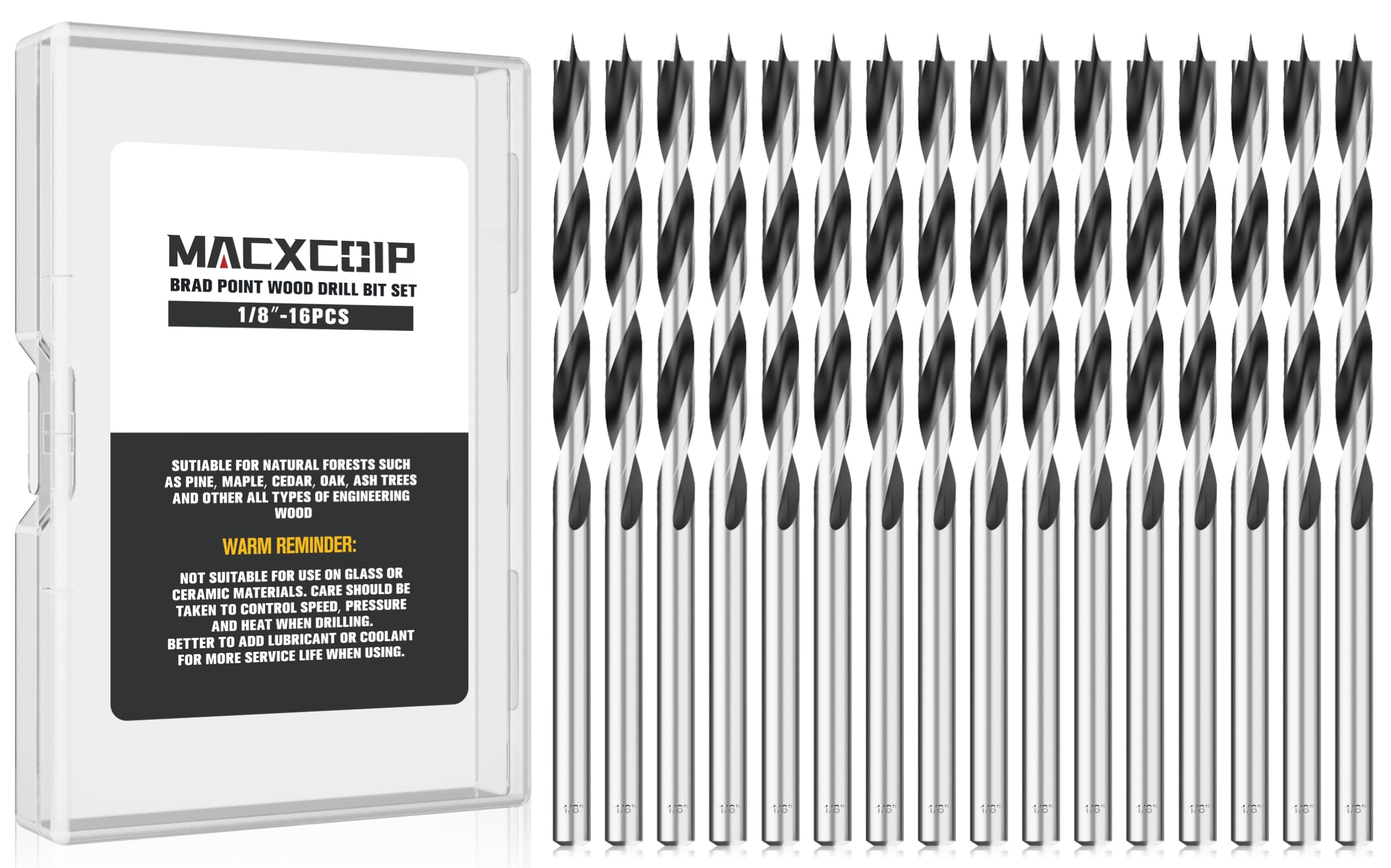 16pc Brad Point Drill Bits - Extra Long Wood Drill Set -26