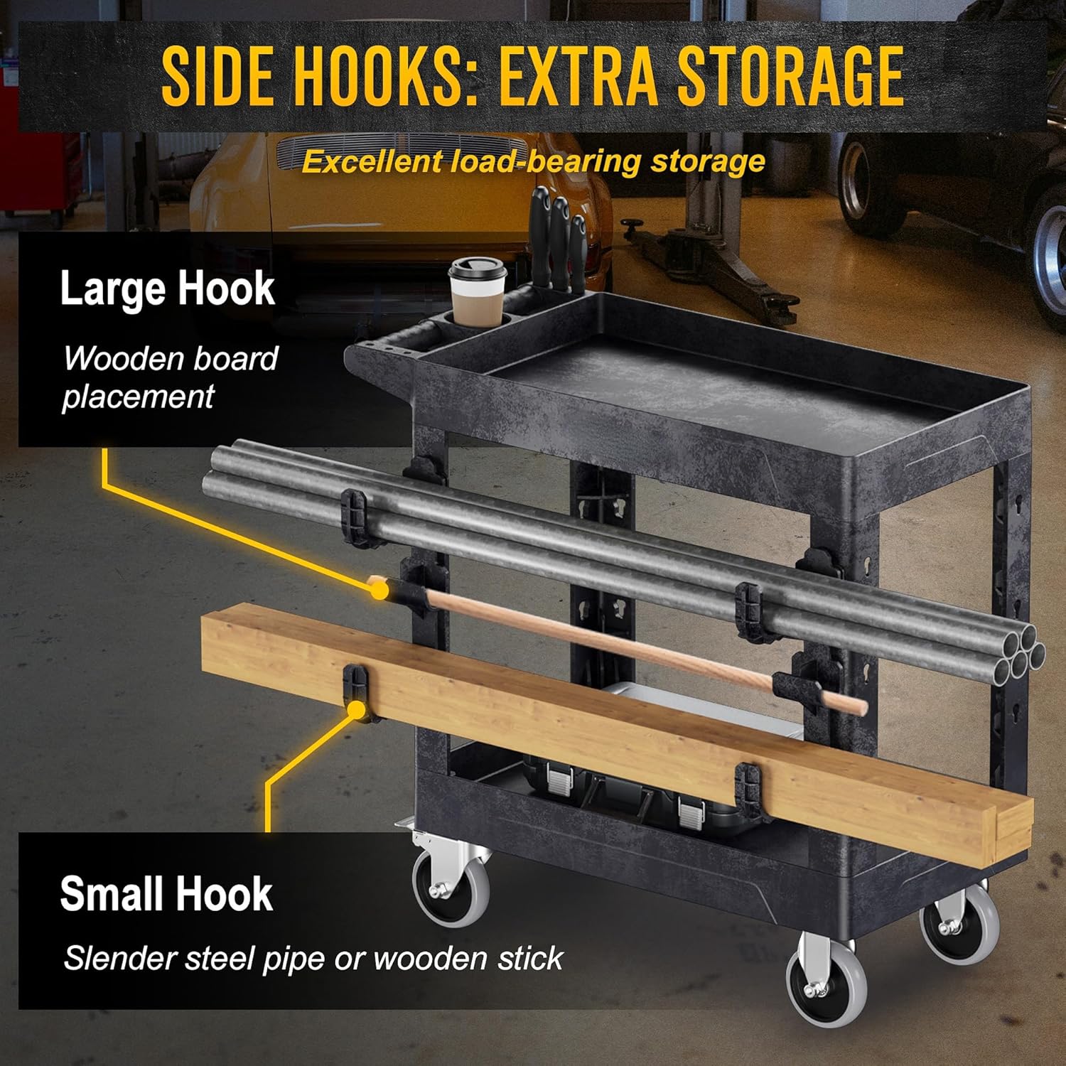 Heavy Duty Plastic Utility Cart on Wheels 34.4 x 17 Inch - Work Cart Tub Storage Deep Shelves and 360° Swivel Wheels Safely Holds up to 600 lbs - 2 Tier Service Cart for Warehouse,Garage, Cleaning