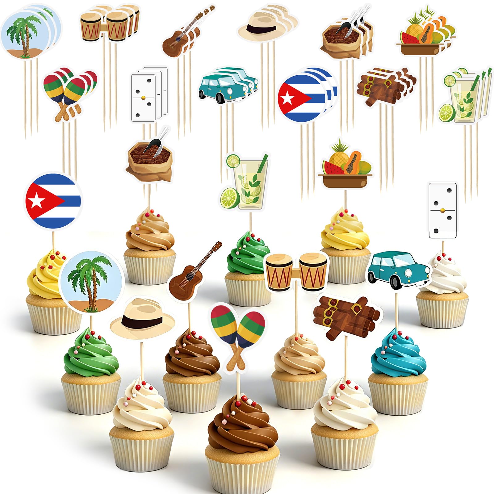 Affrolling 36 Pcs Havana Nights Party Cupcake Toppers Picks Summer Cocktail Cupcake Toppers Stick Havana Nights Party Decorations for Food Fruit Cake Toothpick Decor, 12 Styles