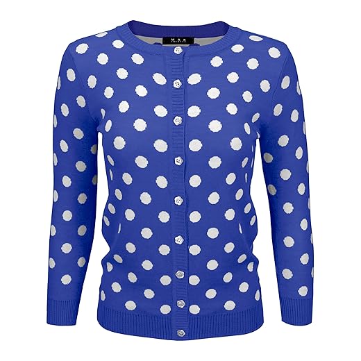 YEMAK Women's Knit Cardigan Sweater – Long Sleeve Crewneck Polka Dot Jacquard Button Down Casual Lightweight Knitted Top MK3104-RBL-M