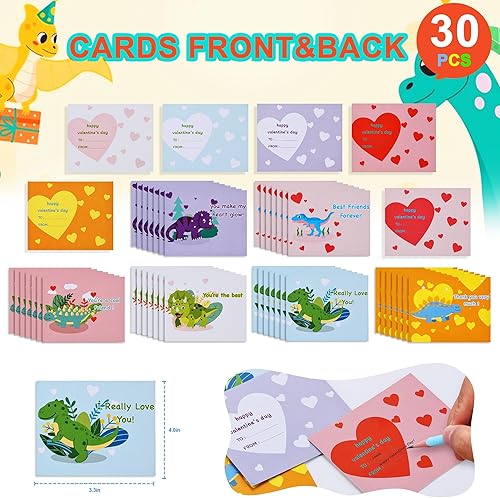 Miniatura 2 de Regalos para el día de San Valentín para niños, paquete de 30 juguetes de dinosaurios con tarjetas de dinosaurio de San Valentín, recuerdos de