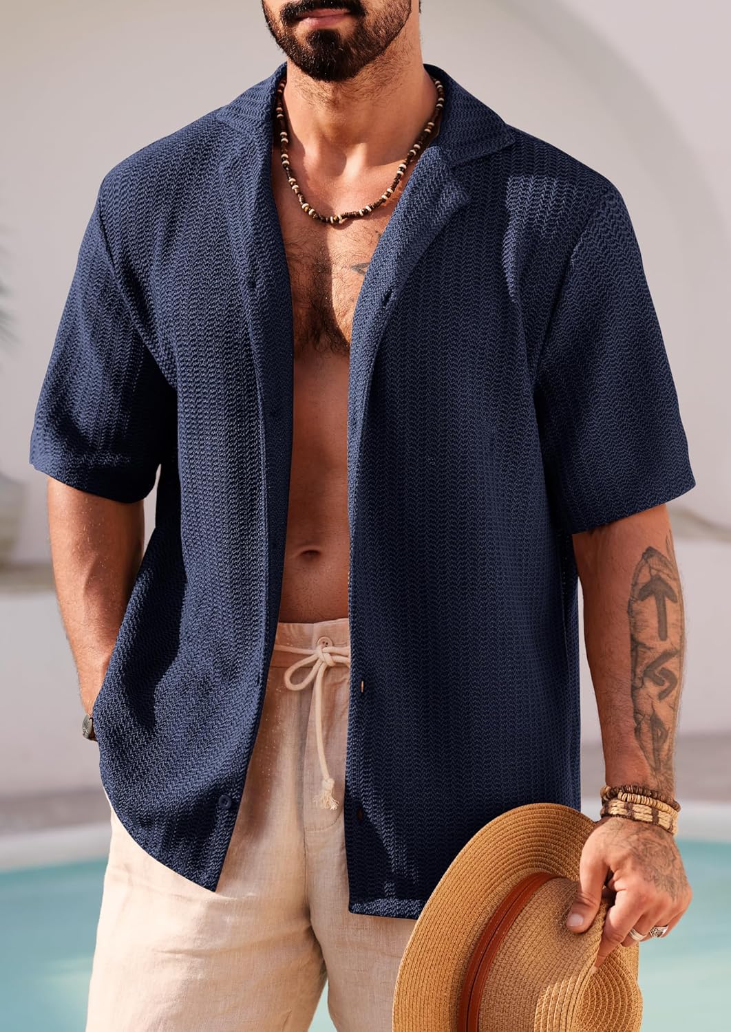Men Summer Beach Shirts Stylish Hollow Out Button Down Shirt Casual Cuban Top (S-XXL) - Image 4