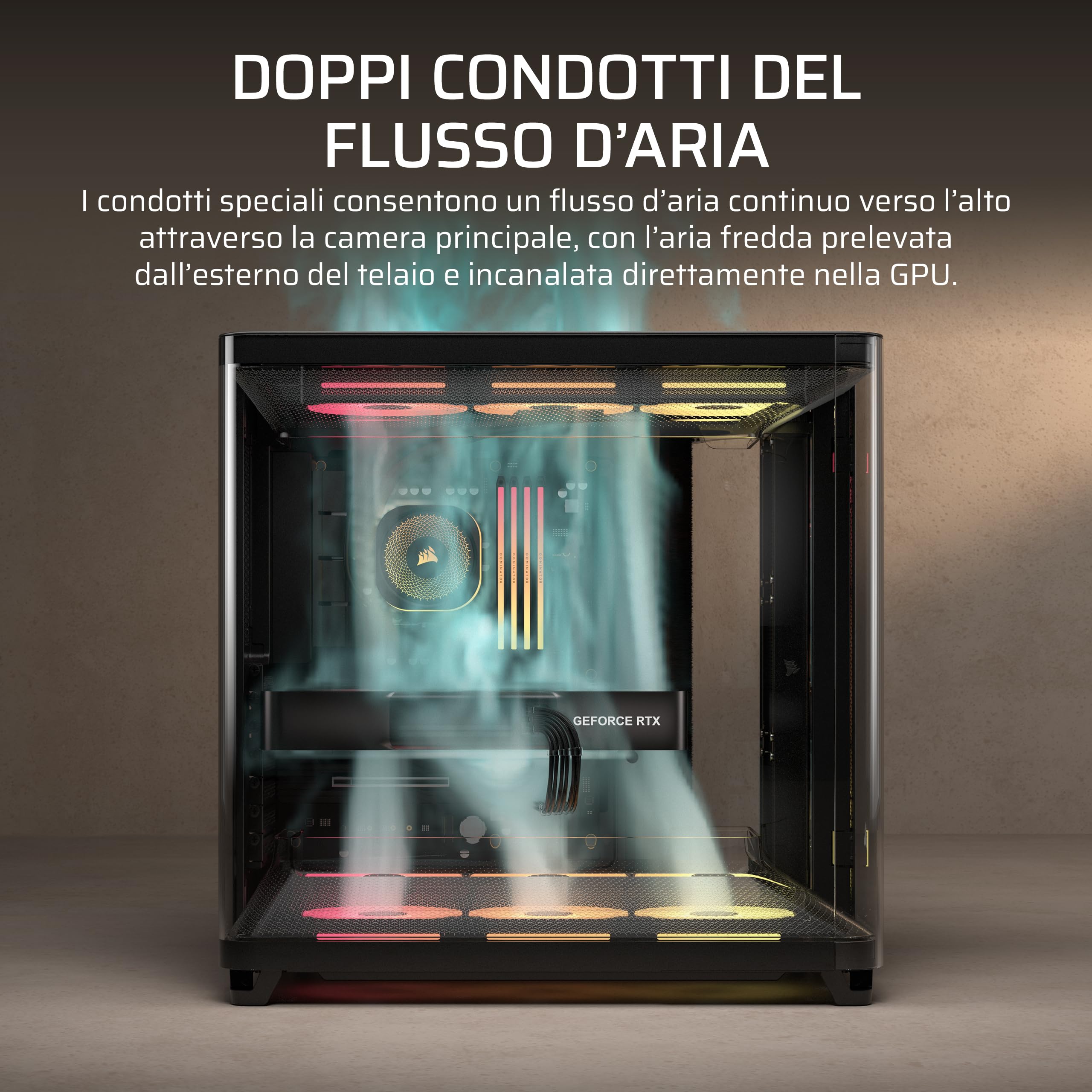 CORSAIR AIR 5400 LX-R RGB iCUE LINK Case PC Panoramico Mid-Tower – Nero | A Tripla Camera, 3 Ventole LX-R RGB Rotazione Inversa, Condotti Silenziosi ad Alto Flusso, Supporto Scheda Madre Inverso