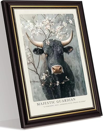 Framed Vintage Farmhouse Cattle Canvas Wall Art Powerful Bull Adorned