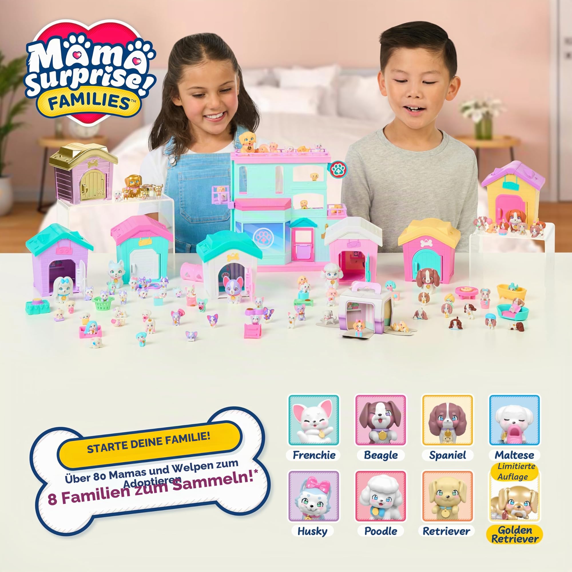 Little Live Pets Mama Surprise Families – Mamas Hütte-Packung, Bulldogge & Spaniel, 2 Hütten & Welpen, jede Mama bekommt 4–6 Babys, ausklappbares Spielset, 80+ Stück zum Sammeln, Geschenk für Kinder