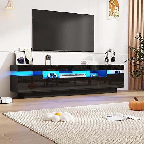 Miniatura 3 de Soporte de TV blanco de 70 pulgadas para TV de 7580 pulgadas, moderno soporte de TV LED para sala de estar, centro de entretenimiento de alto brillo