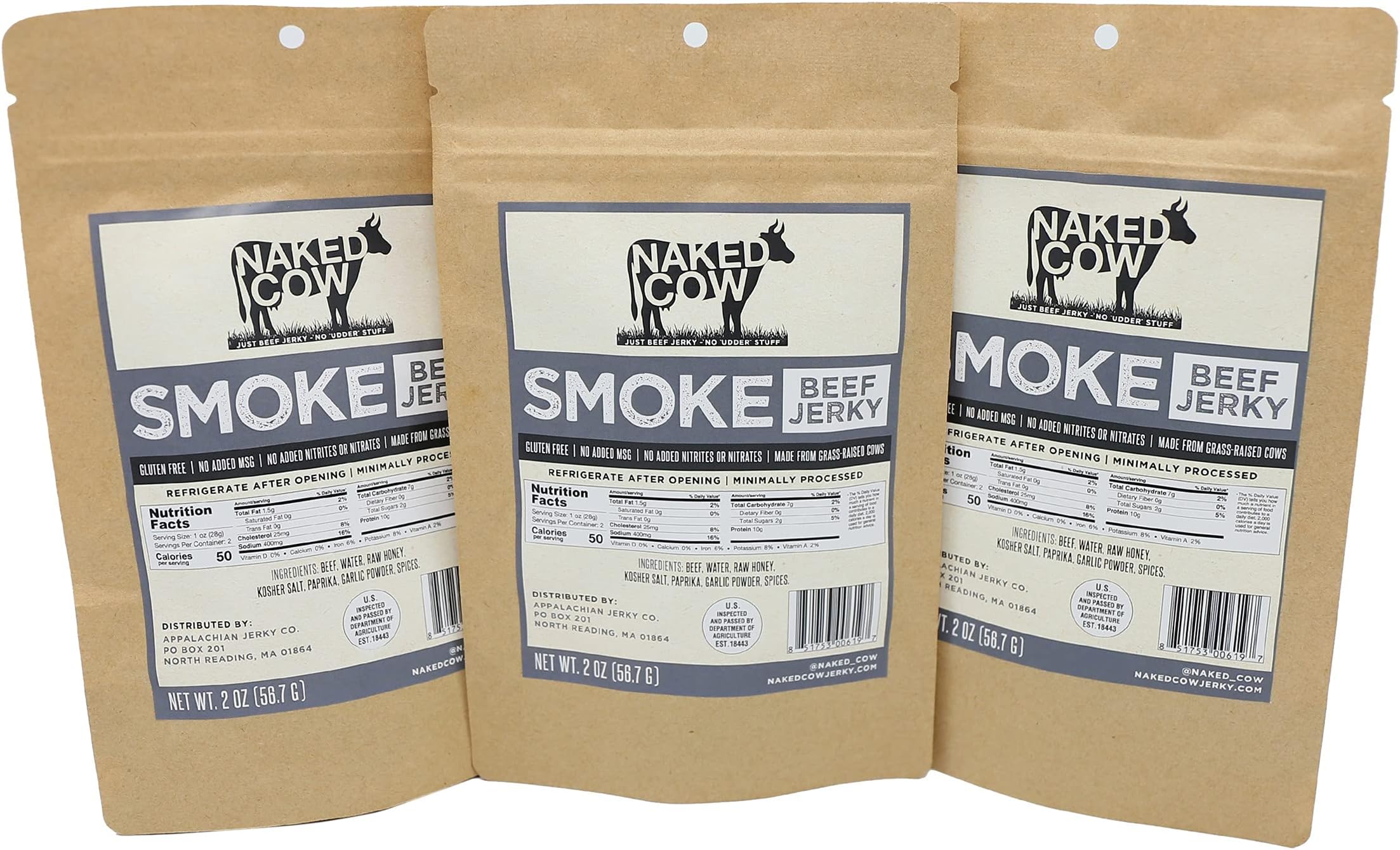 Naked Cow All Natural Grass Fed Beef Jerky - SMOKE 3 Pack