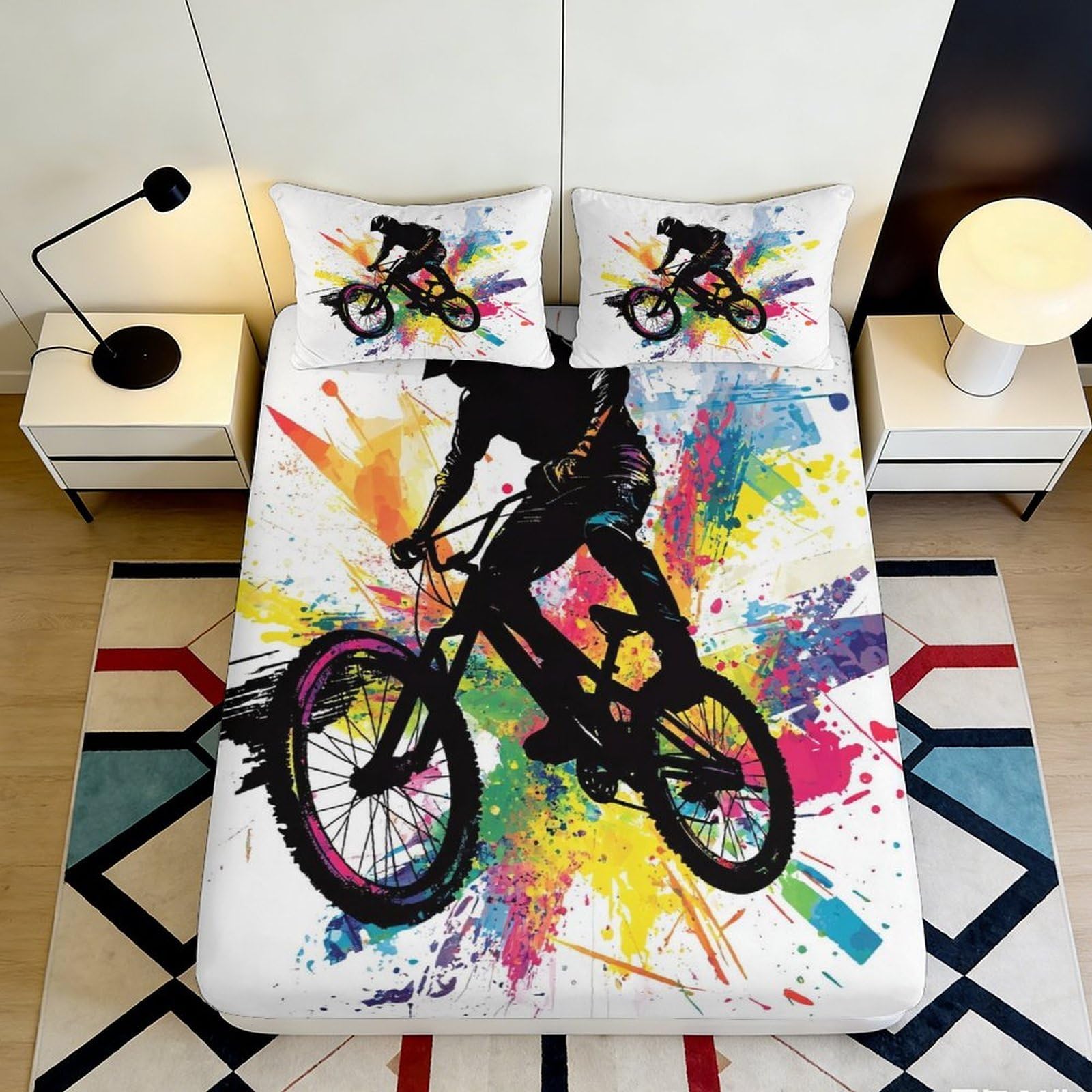 3D Printed BMX Bike Graphic Fitted Sheet Microfiber Durable Vibrant Splash Bed Cover for Youth Adult Bedroom Dormitory Mattress Protection 140x200x25cm