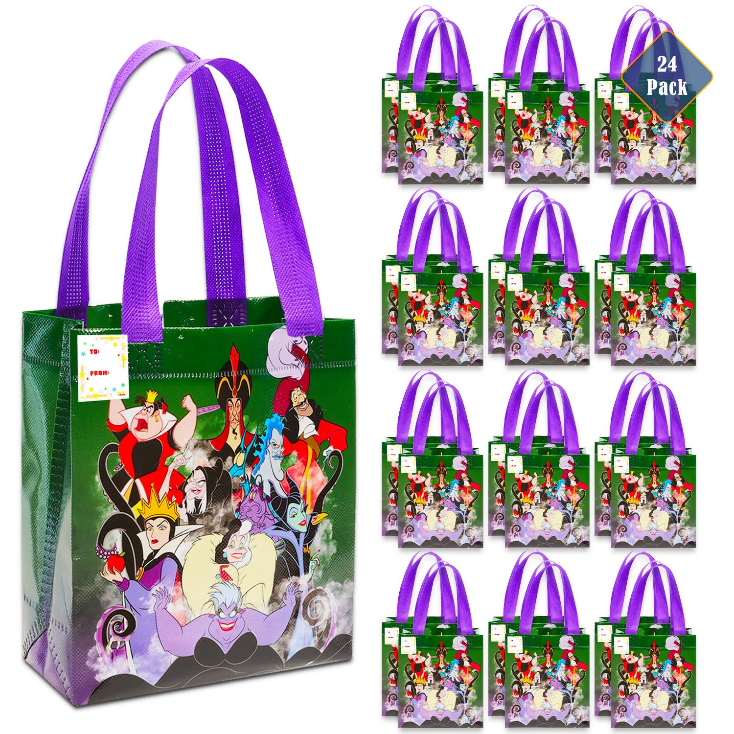 Villains Party Favor Bags Set – 24 Pack Disney Villains Party Goodie Bags for Kids Bulk Reusable Totes (Disney Villains Birthday Party Supplies)