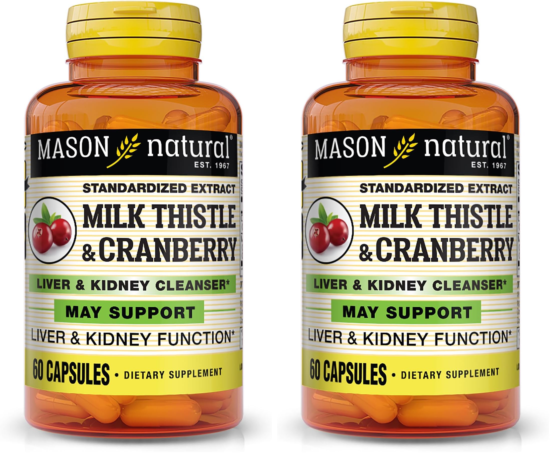 MASON NATURAL Milk Thistle/Cranberry Liver & Kidney Cleanser - Supports Healthy Liver & Kidney Function, Cleanse and Detox, 60 Capsules (Pack of 2) 60 Count (Pack of 2)