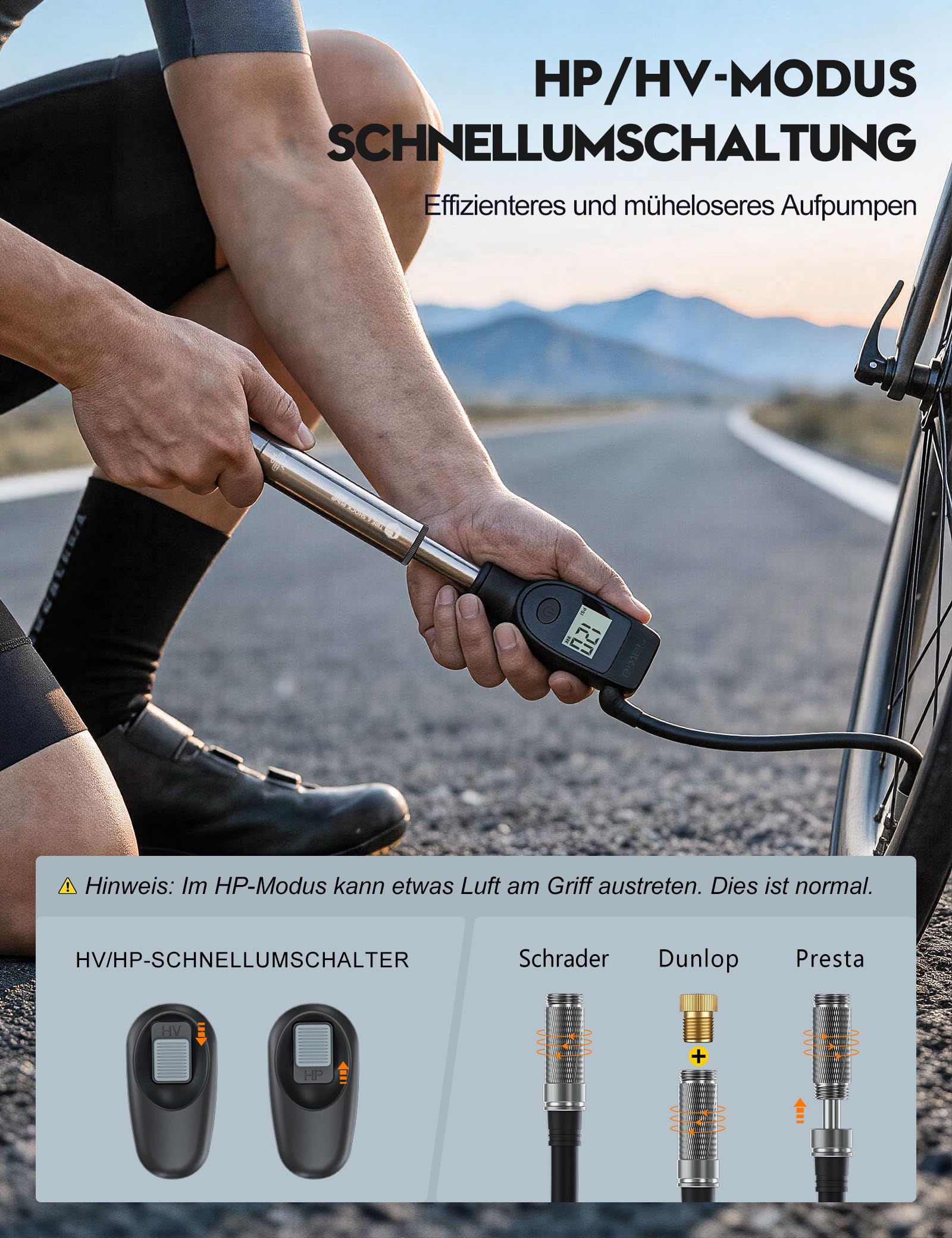 Tiakia Fahrrad Dämpferpumpe Digital 2-in-1 mit Manometer 320PSI Für Luftdämpfer und federgabel, Tragbare Aluminium fahrradpumpe reifenpumpe Fahrrad Rahmenpumpen,Für Schrader/Presta