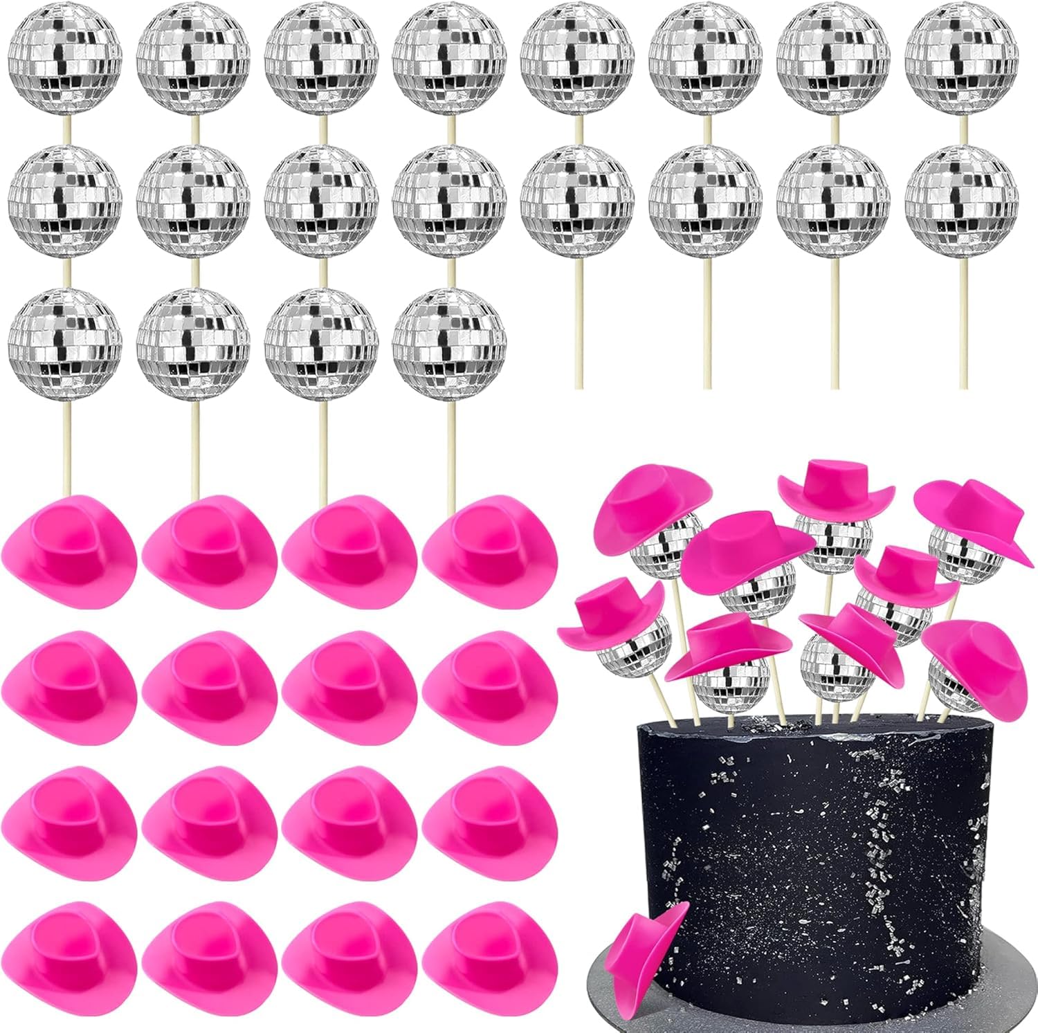 40-Piece Disco Cowgirl Party Cake Decorations - Includes 20 Disco Ball Cupcake Toppers and 20 Mini Pink Cowgirl Hats - Perfect for Western Cowgirl