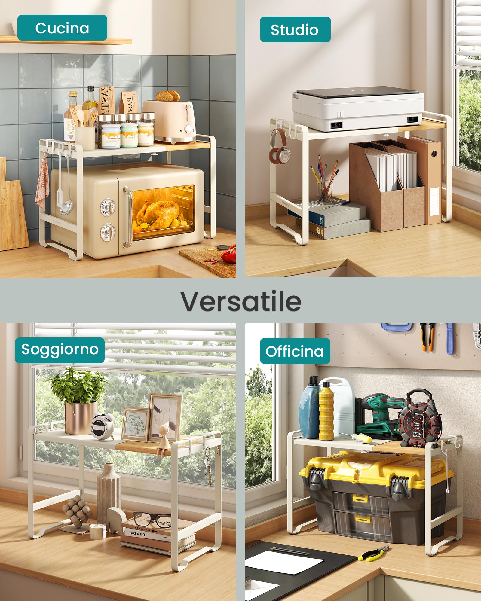 SONGMICS Mensola Microonde Estensibile, Scaffale Supporto Forno a Microonde, Larghezza Regolabile da 41,5 a 64 cm, Cucina, Acciaio e Bambù, 4 Ganci, Bianco Crema e Bambù Chiaro KCS060W01