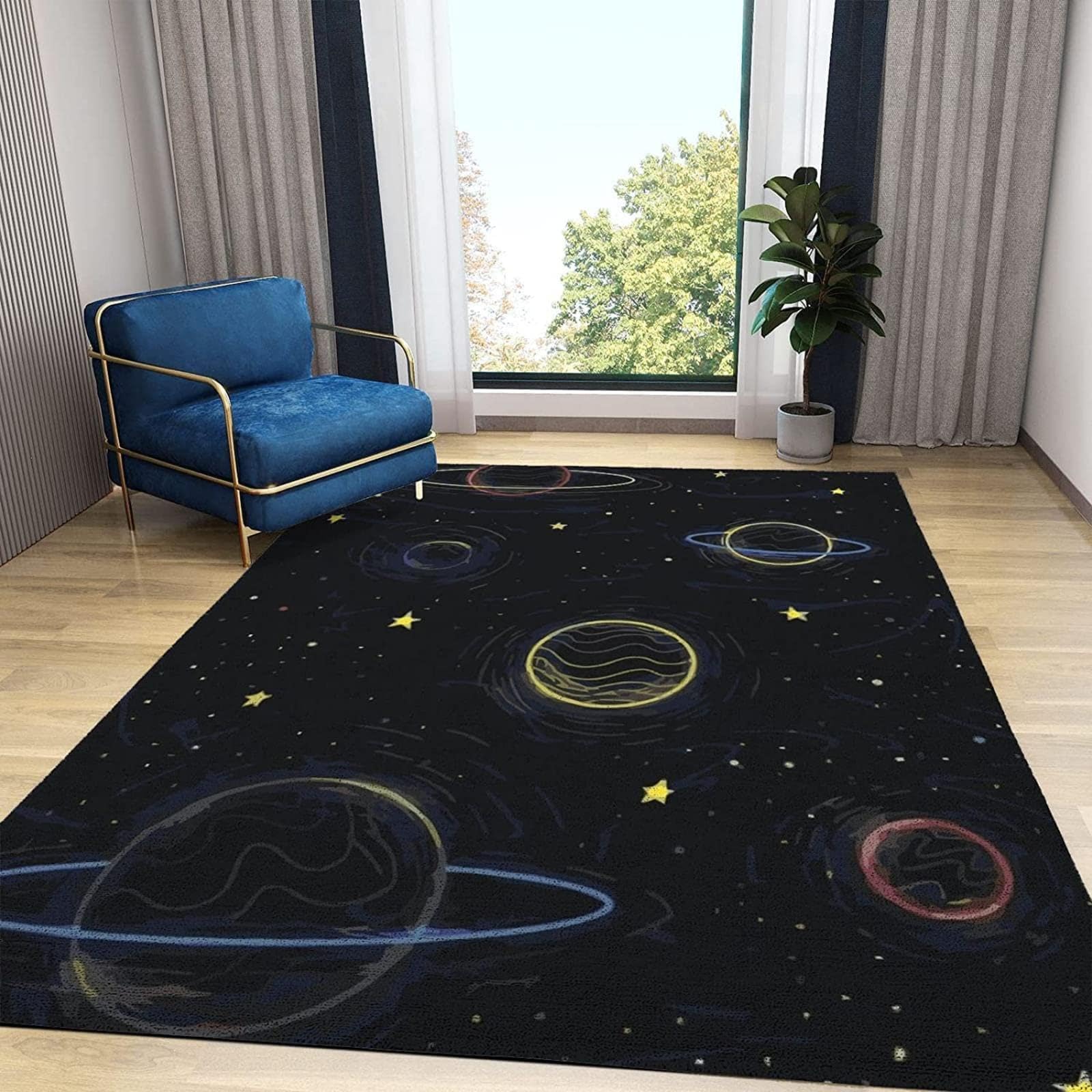 Żółta gwiazda wszechświat planeta antypoślizgowy dywan dziecięcy do sypialni salonu 150 x 200 cm