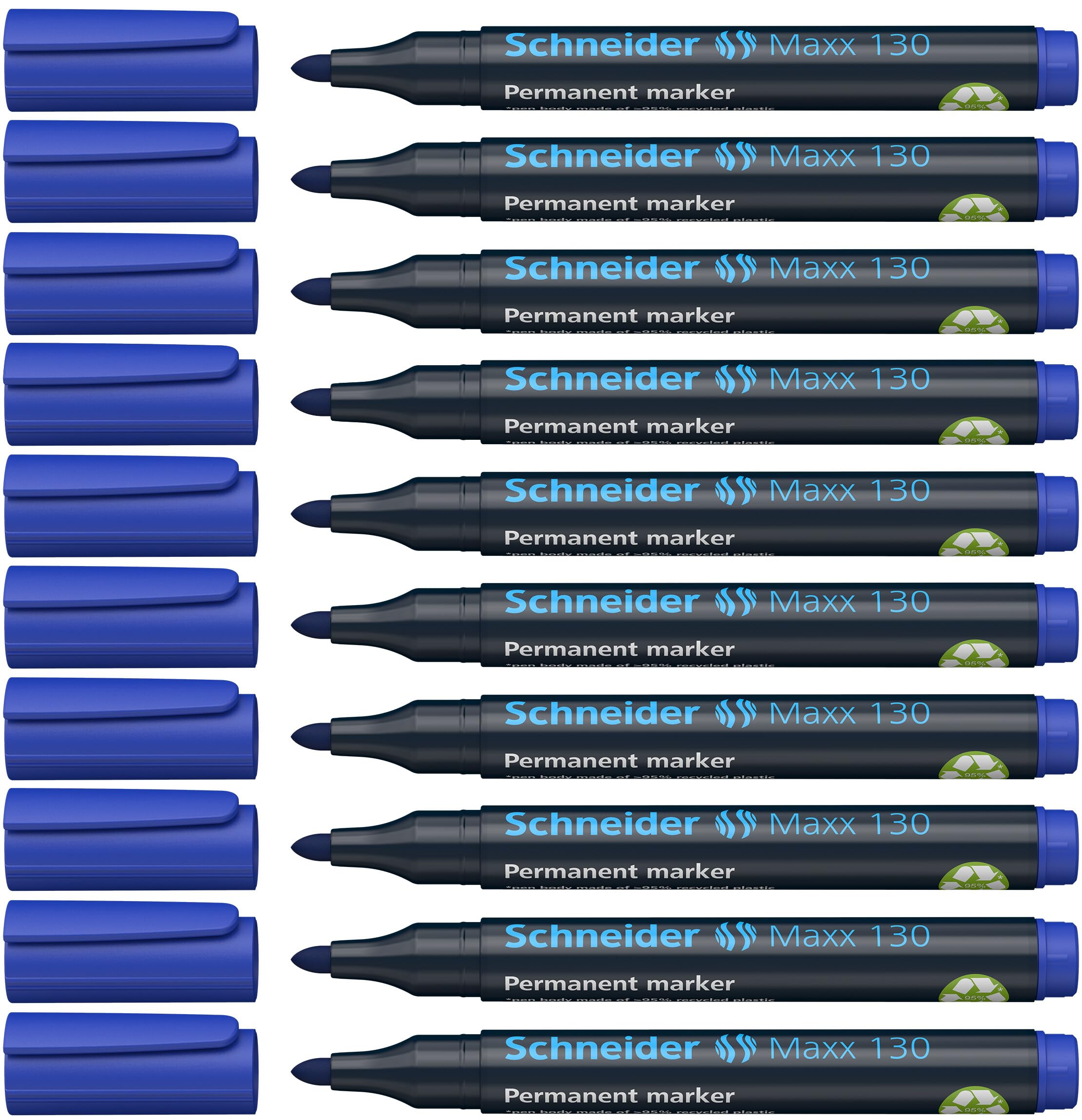 Schneider 130 Permanent Marker Pen 1 and 3 mm Cap-Off-Ink Refillable Pack of 10 Blue