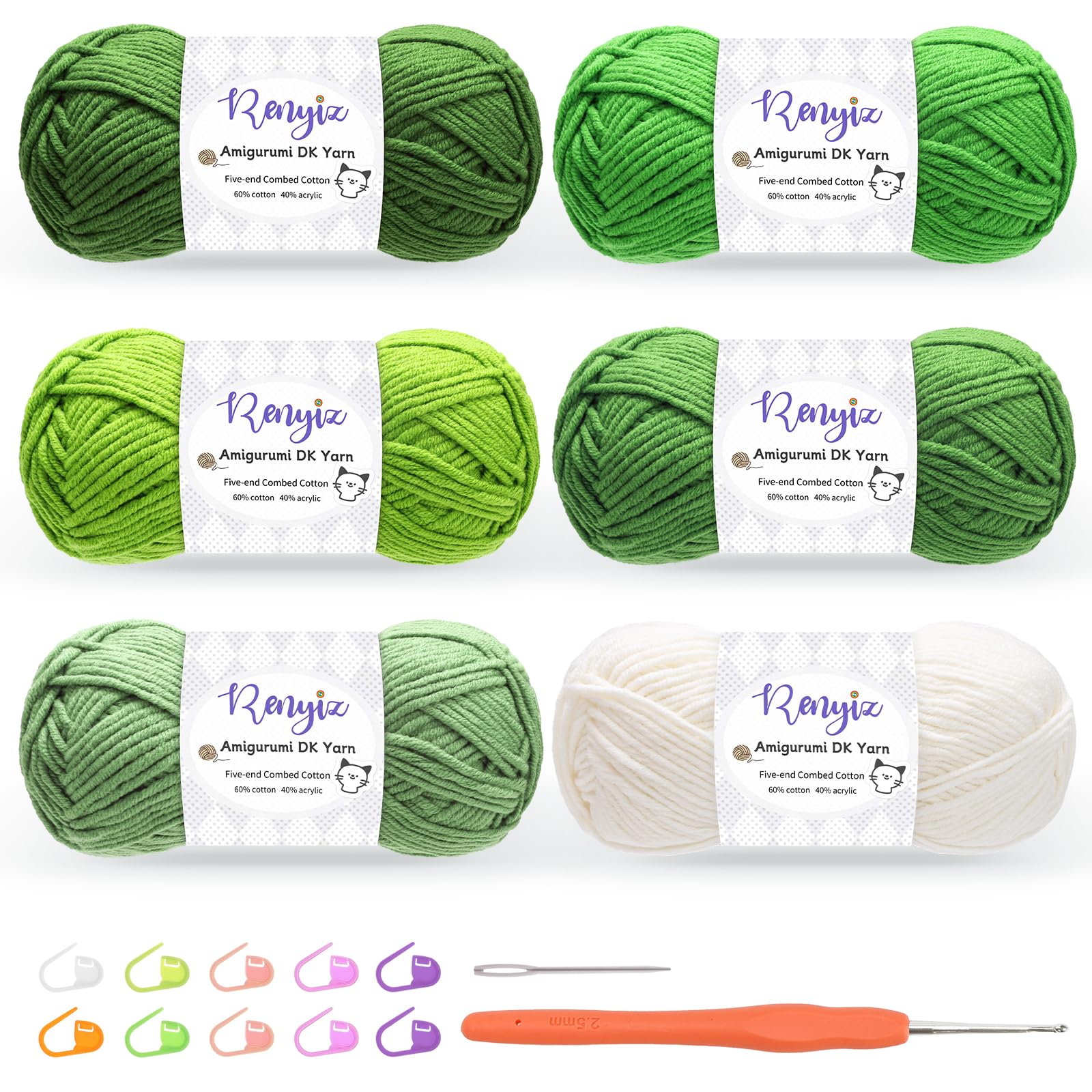 Renyiz Wolle zum Häkeln 6 x 50g Häkelgarn (60% Baumwolle, 40% Acryl) mit 2,5mm Häkelnadel & Zusatzzubehör, Ideal als Babywolle, Strickwolle, Häkelwolle und Baumwollgarn zum Häkeln Grün