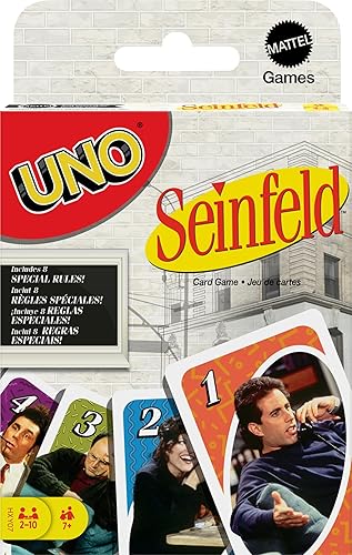 Mattel Games UNO Seinfeld - Juego de cartas para niños, adultos y familia con cubierta y reglas especiales inspiradas en el programa de televisión