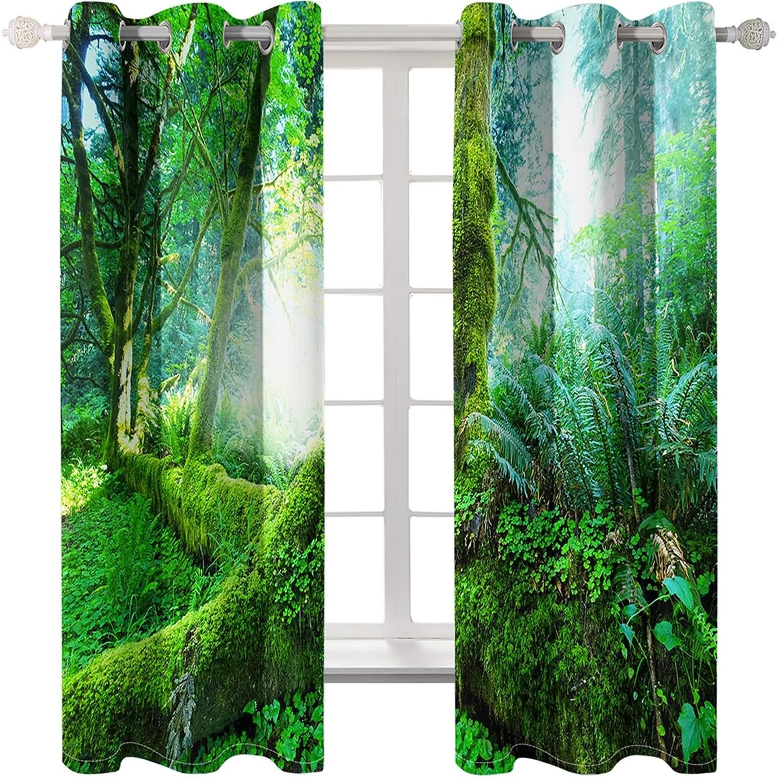 Zasłony o wysokości 160 cm, zasłona dekoracyjna zielona, poliester, słońce i dżungla, zestaw 2 sztuk, szer. 102 x wys. 160 cm