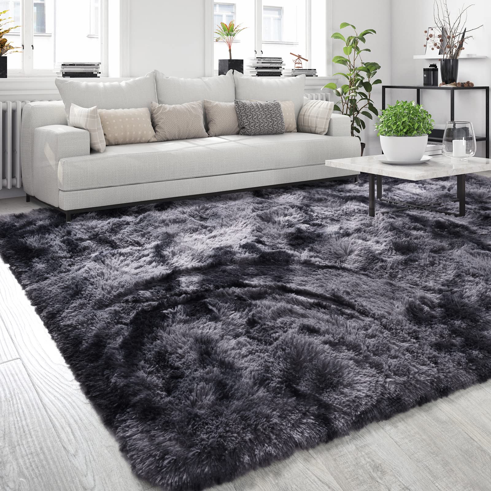 QXKAKA Shag Tie Dye Dark Grey 8x10 Area Rugs for Living