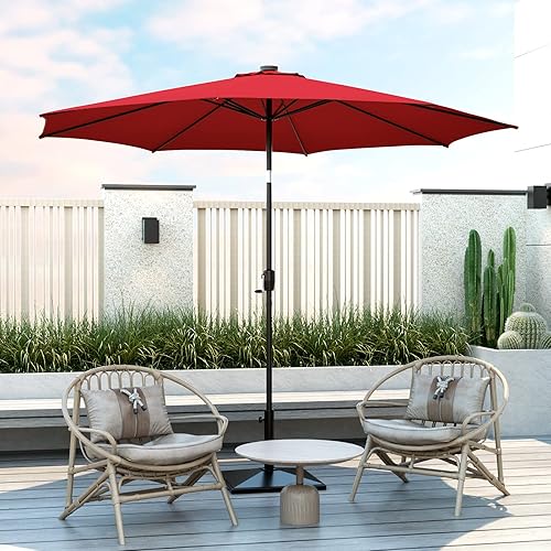 Miniatura 9 de TANGKULA Sombrilla solar de 10 pies, sombrilla de patio con 112 luces LED, sombrilla de mercado de mesa al aire libre con manivela de elevación y