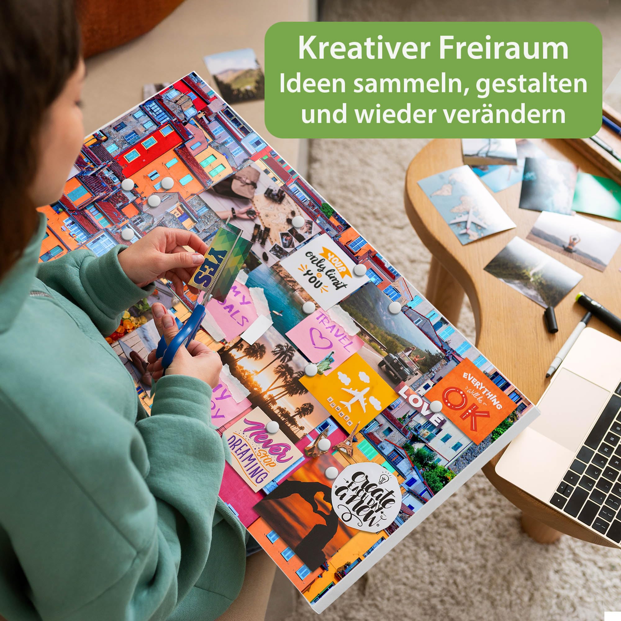 banjado Magnettafel Metall 78 x 37cm - beschreibbare Magnettafel - Metall Pinnwand als Memoboard - Magnetwand Küche, Büro, Kinderzimmer Weiß inkl. 4 Magnete & Montageset - Motiv Häuserberg