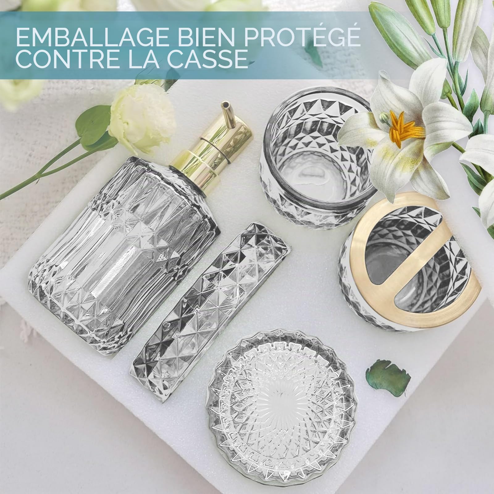 Lot de 5 accessoires de salle de bain en verre - Distributeur de lotion, porte-savon, porte-brosse à dents, gobelet, cotons-tiges - Pour salle de bain moderne - Cadeau vintage