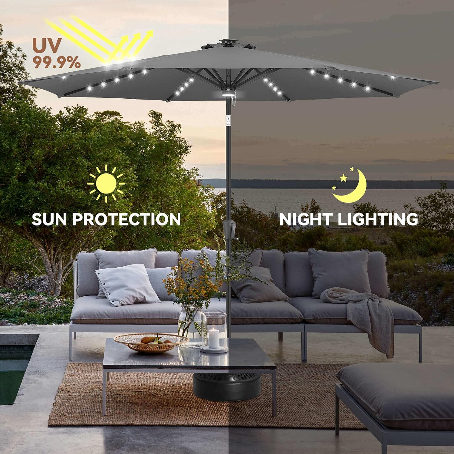 11ft Solar Umbrella Outdoor - Lighted Solar Patio Umbrella with 40 LED Lights Waterprool UV Protection, Table Umbrella with Tilt for Pool, Porch, Garden, Deck, Backyard - Anthracite