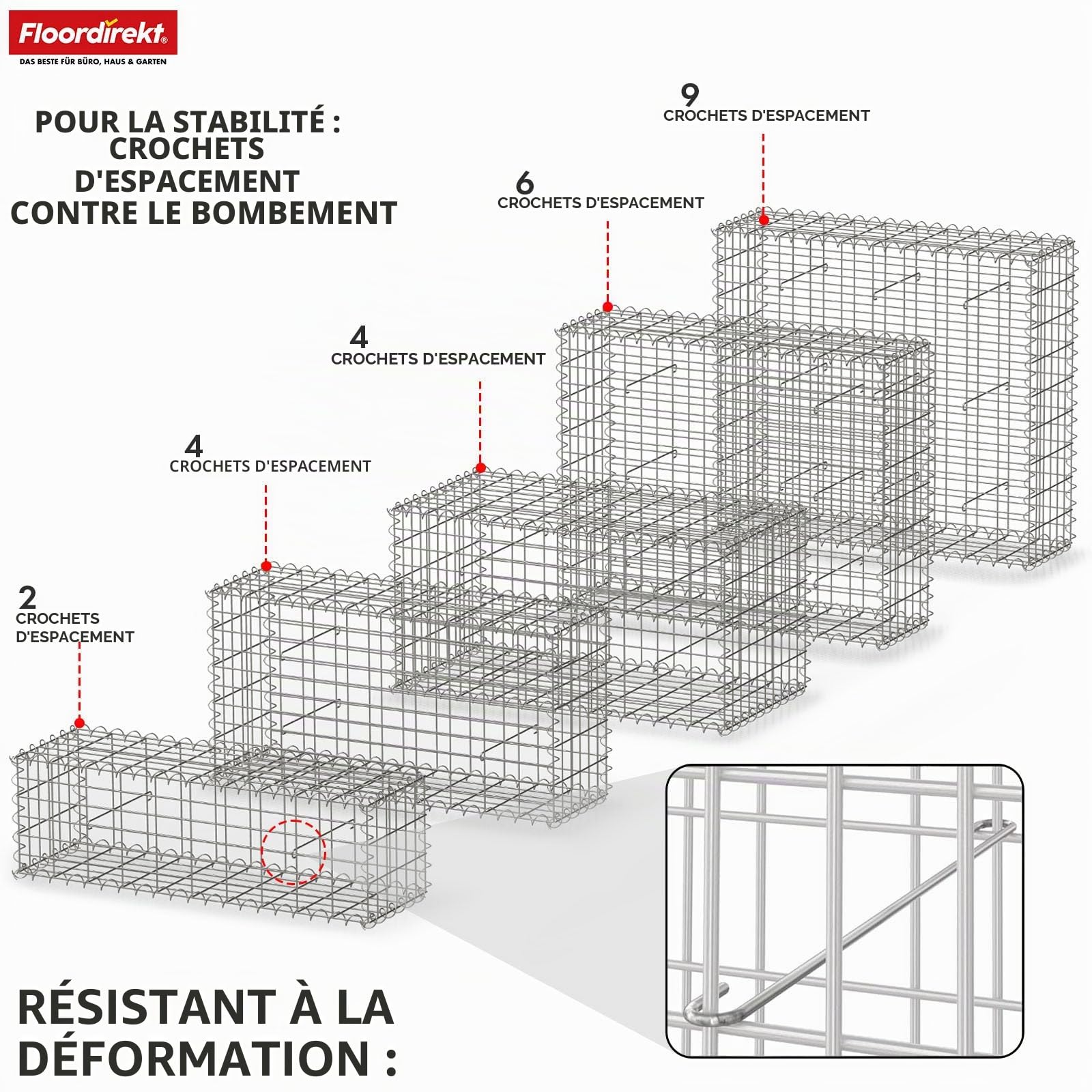 Floordirekt Gabion, panier à pierres en métal, 100x50x30 cm, panier en fil galvanisé avec une maille de 5 x 10 cm, mur de pierres comme clôture de jardin, grille de gabion comme brise-vue, Lenox
