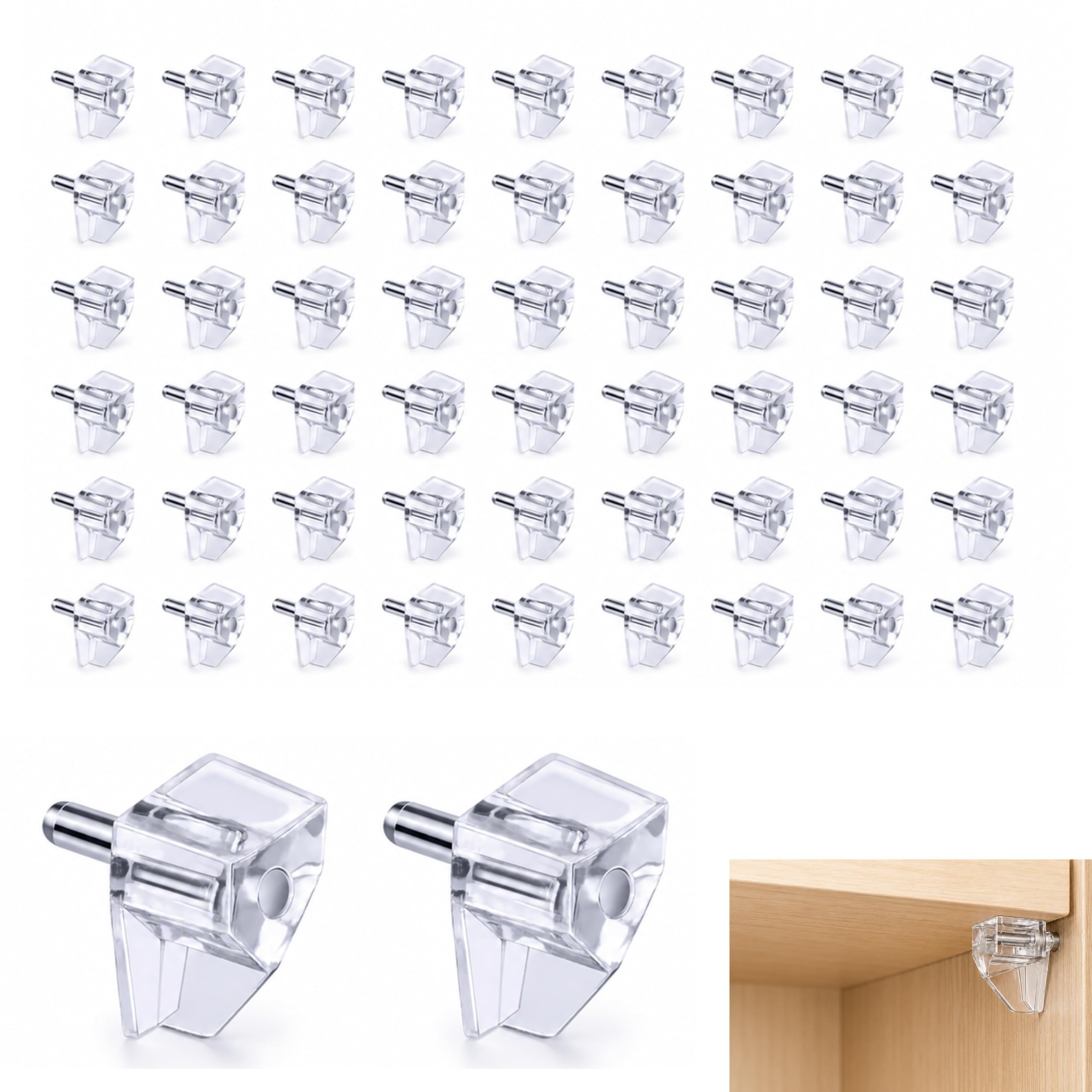 50 Pcs 5mm Shelf Support Pegs, Clear Plastic & Steel Core Cabinet Shelf Pins, Heavy Duty Brackets Fit for Kitchen Cupboards, Wardrobes and Bookcases