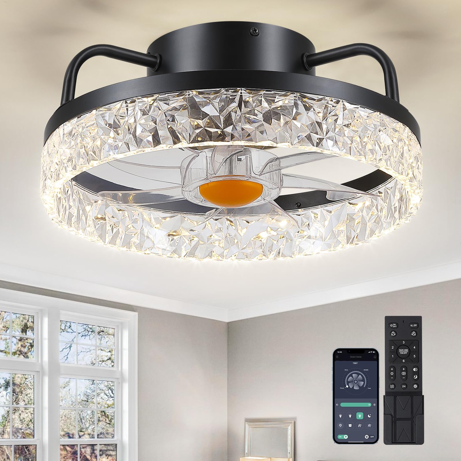 BYKISTOK 13" Ceiling Fans with Lights - Flush Mount Low Profile Ceiling Fan Lights with Remote/APP, 6 Speeds 3CCT, with 7 ABS Reversible Blades, Modern Bladeless Fan Light for Indoor Bedroom