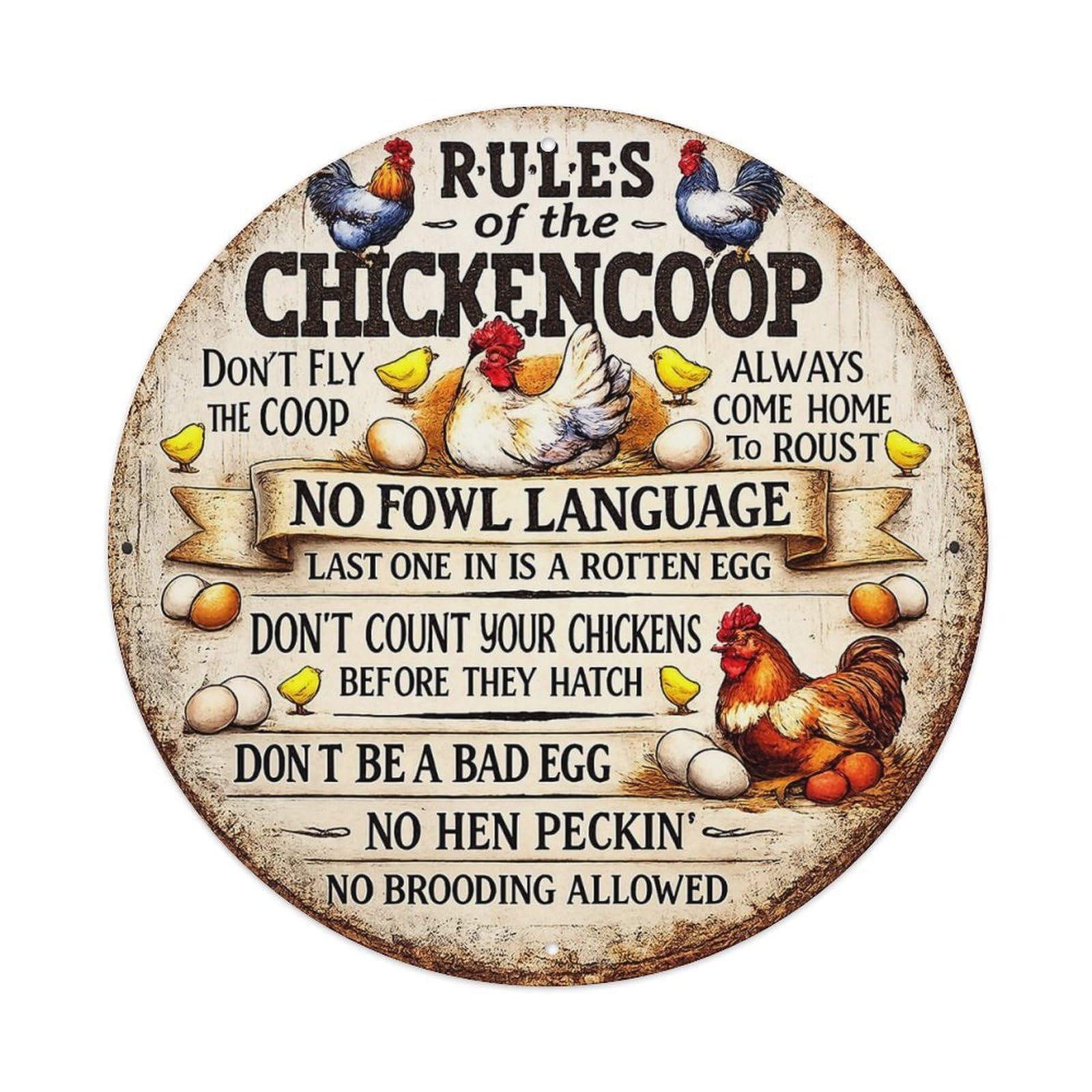 Chicken Coop Rules Sign Round Tin Sign Vintage Metal Sign Home Bar Garden Indoor & Outdoor Wall Decor Retro Metal Poster 8x8 Inch