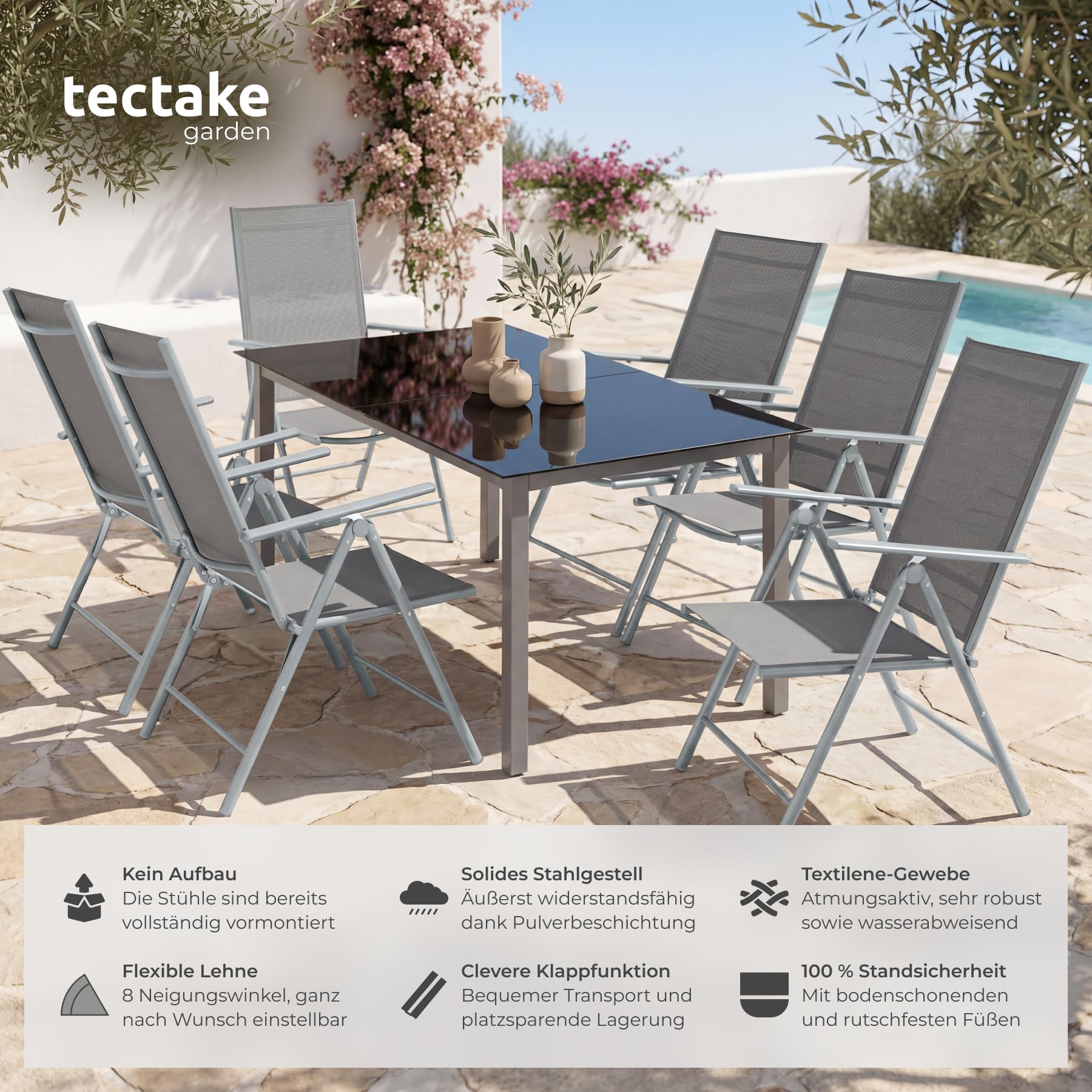 TecTake® 6er Set Gartenstuhl klappbar, 54,5 x 65 x 107,5 cm, 8-Fach verstellbare Rückenlehne, wetterfest, Textilene, Verstellbarer Hochlehner, Outdoorstuhl, Gartenmöbel, Klappsessel - Silber