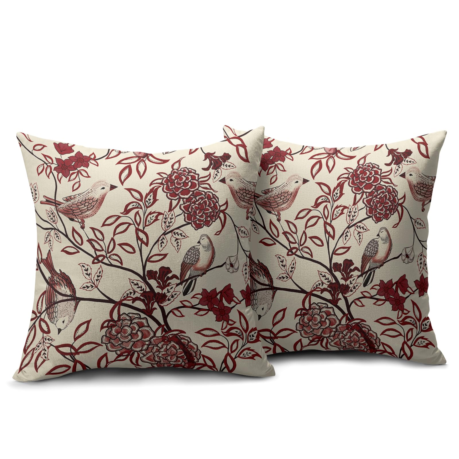 Housse De Coussin Carré Beige Coton - Motif Oiseaux Rouges Bordeaux, Déco Nature