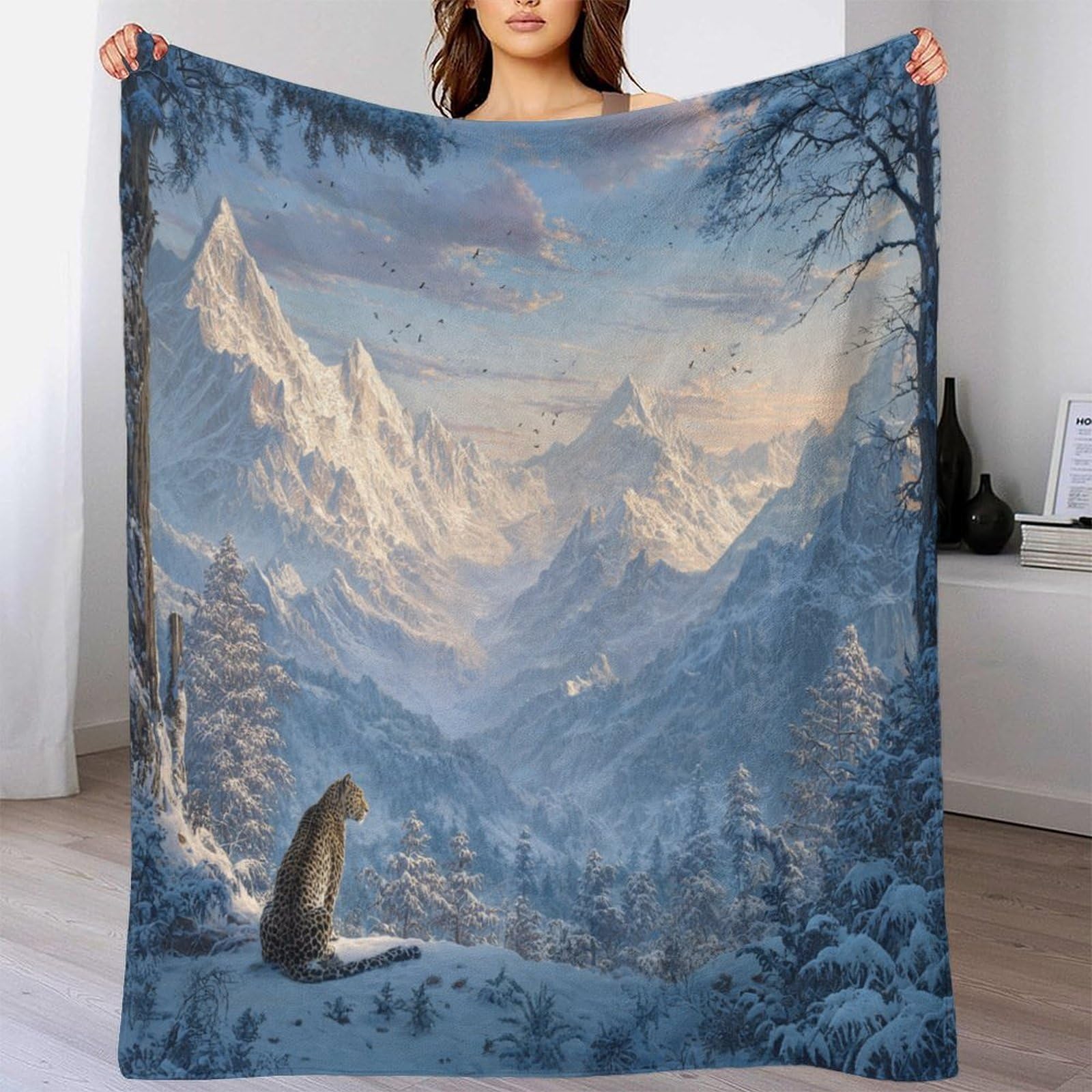 Leopardoo in The Snow Looking at The Mountains Manta Estampada 3D Colcha De Diseño Ropa De Cama De Microfibra Suave Y Cálida Sofá Ropa De Cama 80x90inch(200x230cm)