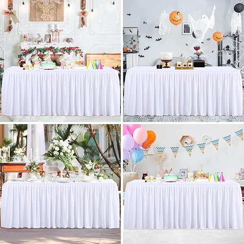 Miniatura 6 de Manteles de mesa de poliéster blanco para mesas rectangulares de 6 pies, sin arrugas, manteles elásticos de 6 pies con falda para fiestas, bodas,