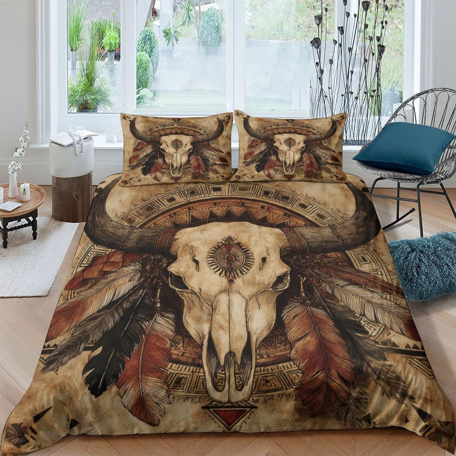 Ctjqhvkz Style-1 3D Printed Western Bull Skull Fitted Sheet Microfiber Soft Feathers Tribal Mattress Cover For Bedroom Dorm Decor Single（135X200cm）