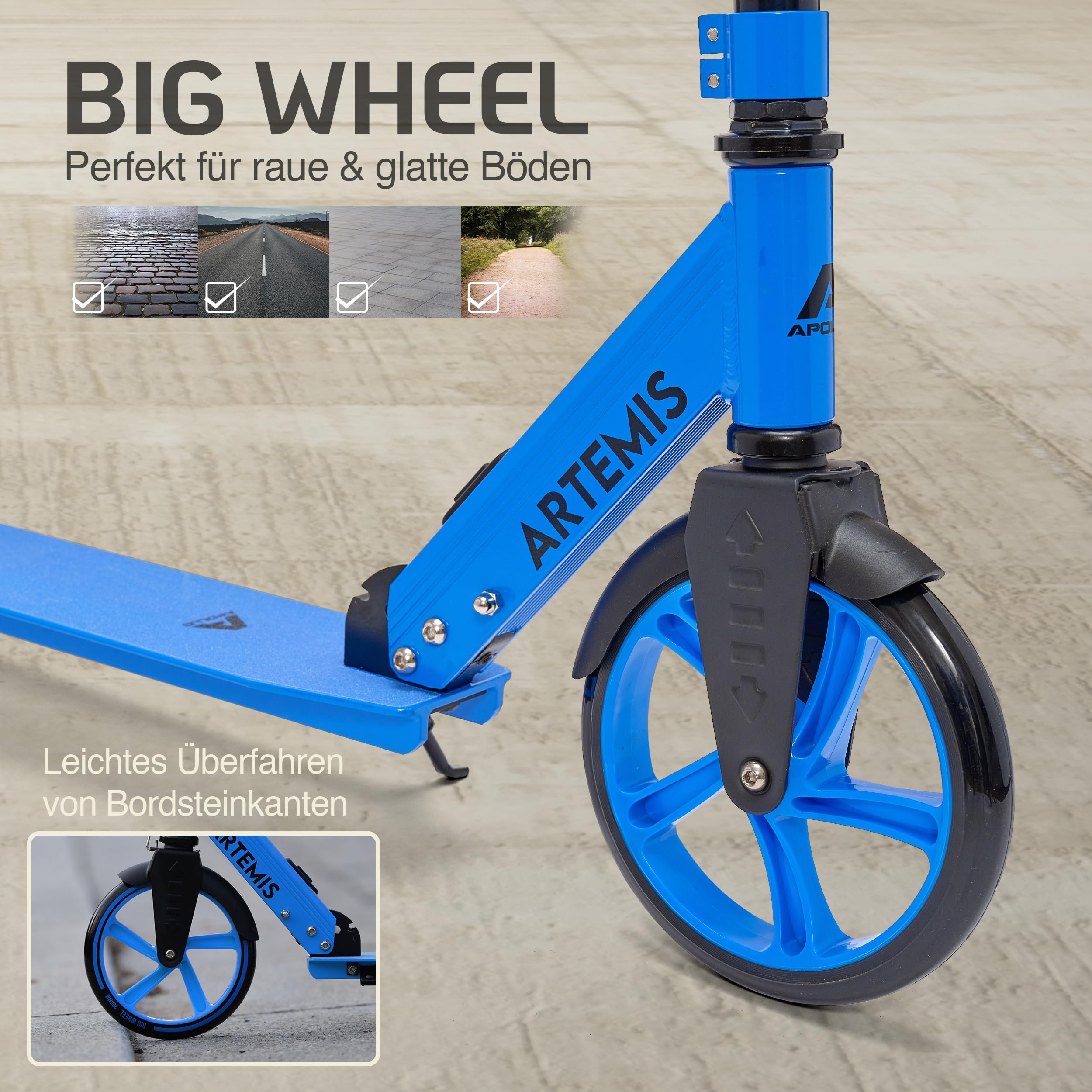 Apollo Artemis City Roller - Höhenverstellbarer Scooter für Kinder, Teens und Erwachsene, Tretroller mit großen Rädern, Cityroller, handlich, klappbarer Scooter für Kinder ab 6 Jahre