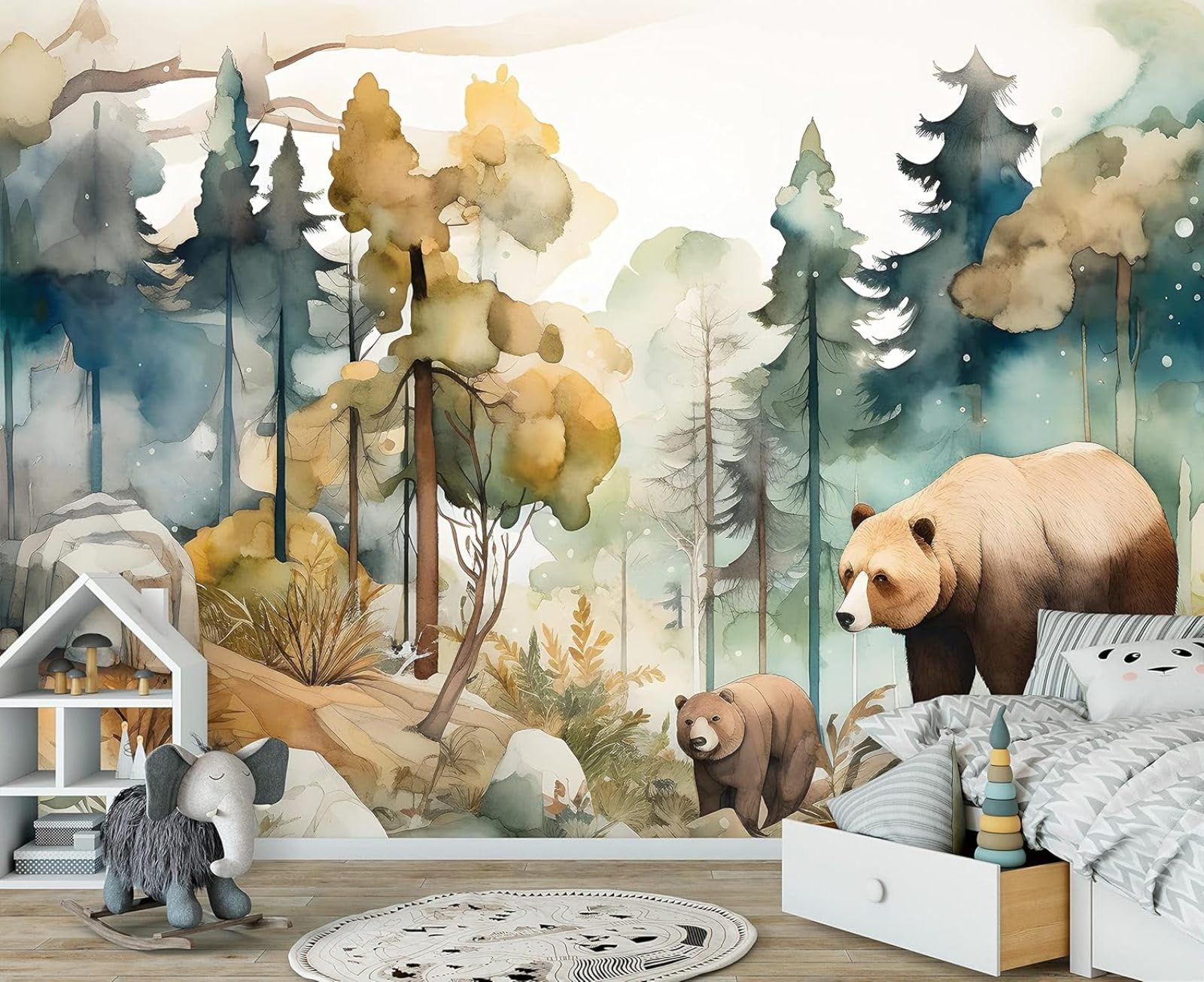 Kfjhgbdshhj 3D Mural Photo Mural-Wallpaper For Children's Room Forest Animals Bear Pastel - For Children Children's Nursery -,400Cmx280cm Poster - Wall Sticker - Frameless Picture