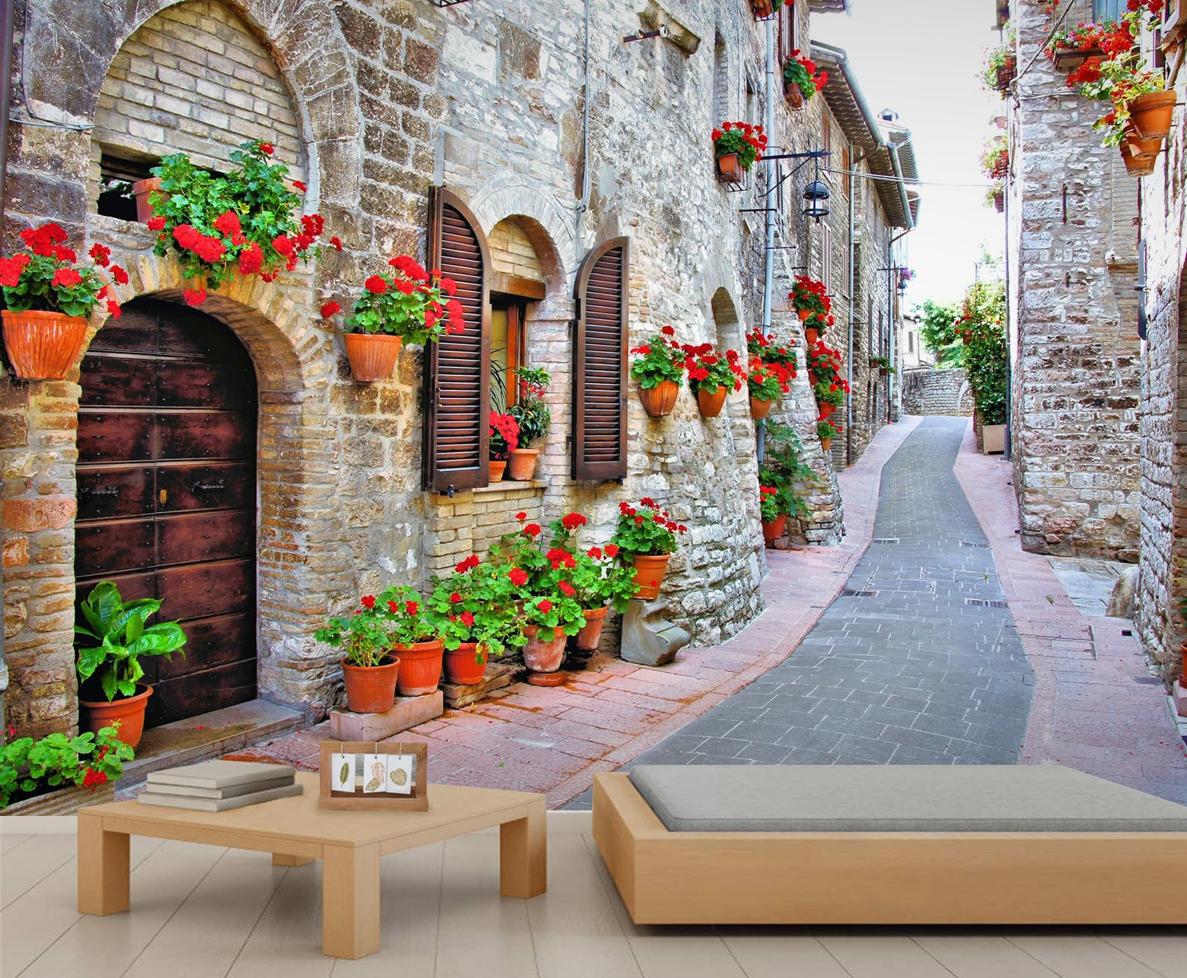 City Block Wall Murals Romantic Floral Street Mural Nordic Architecture City Mural Water Proof Bright Color Wallpaper for Bedroom Kitchen Home Decoration 150 x 100 cm