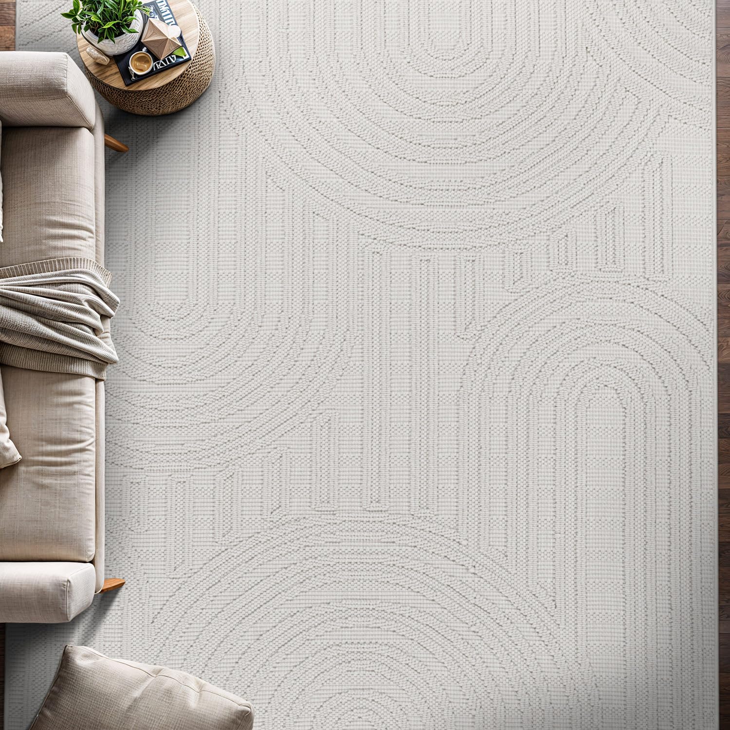 Beverly Rug Micro Loop Area Rug White 5x7 Modern Luxury Soft Circle Geometric Durable Indoor Area Rugs for Living Dining Room Office Stain Resistant