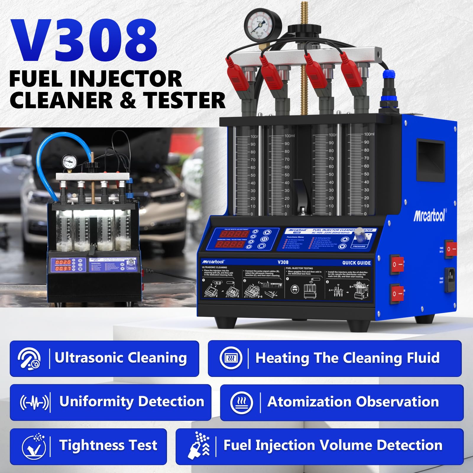 MR CARTOOL V308 urządzenie do czyszczenia wtryskiwaczy fal ultradźwiękowych i tester, do czyszczenia wtryskiwaczy paliwa, z 4 cylindrami do wspólnego wtryskiwacza, motocykla, motoryzacji, narzędzia do