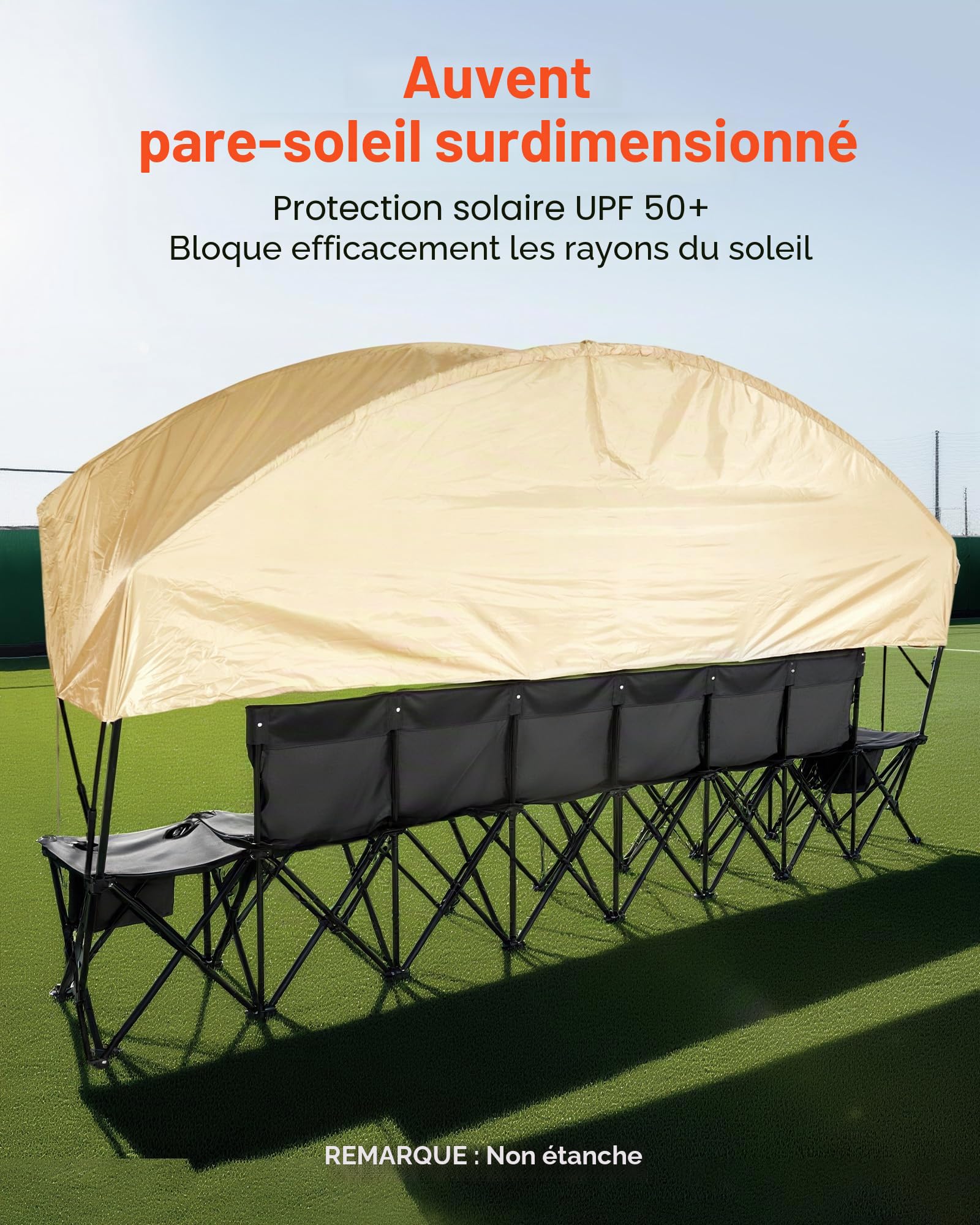 VEVOR Banc Pliant Portable à 6 Places, Banc de Camping Pliable avec Poches de Rangement, Porte-gobelets et Sac de Transport, siège latéral léger avec Pare-Soleil pour Football et Baseball, Noir