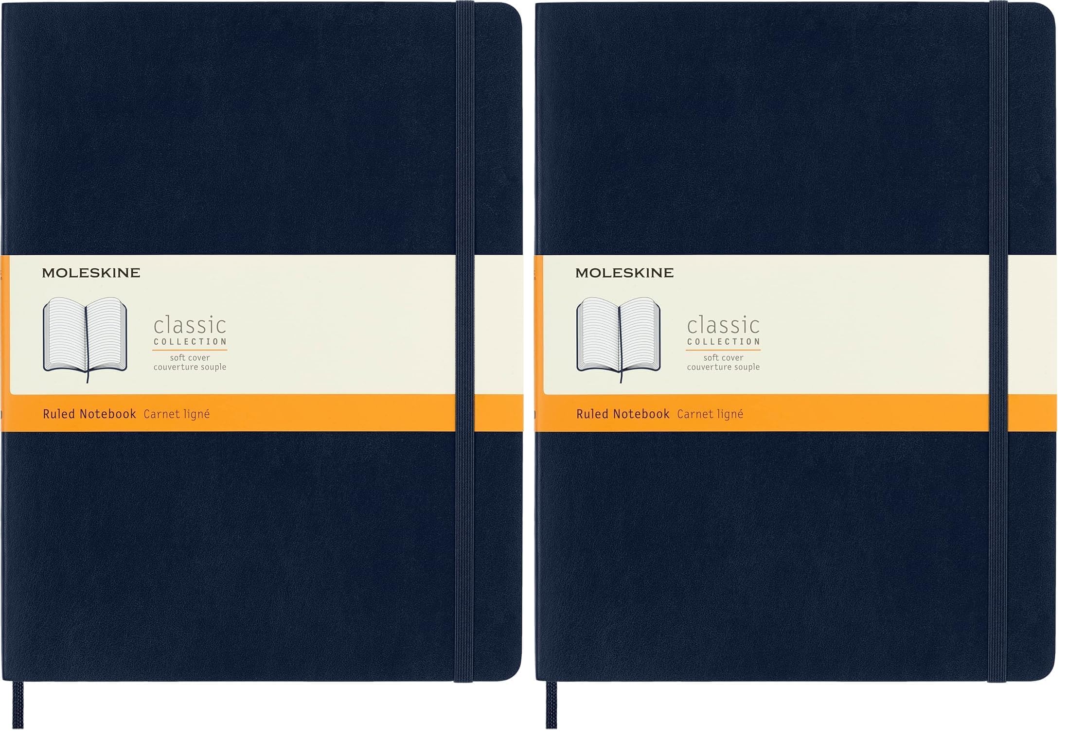 Moleskine - Carnet de Notes Classique Papier à Rayures - Journal Couverture Souple et Fermeture par Elastique - Couleur Bleu Saphir - Très Grand Format 19 x 25 cm - 192 Pages (Lot de 2)