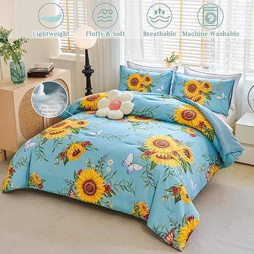 Miniatura 2 de Juego de edredón de girasol azul con mariposa, juego de ropa de cama floral amarillo de 3 piezas, juego de ropa de cama tamaño Queen de granja,