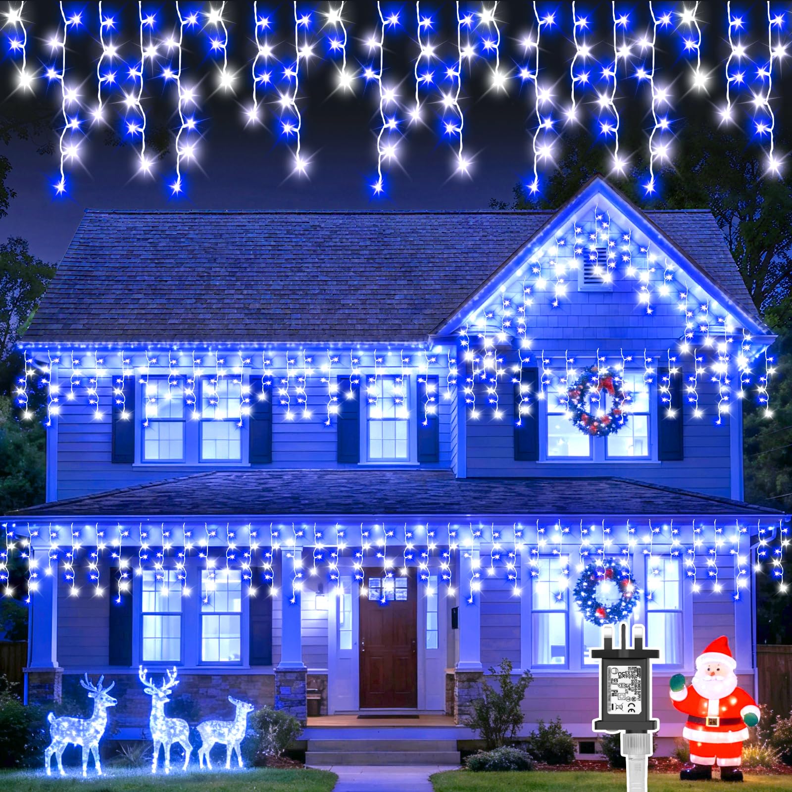 Isisyu Christmas Icicle Lights Outdoor, 20M/65Ft 480 LED Blue White Icicle Lights Plug in Waterproof with 8 Modes, 6 Hours Timer, Memory Function for Eaves Roof Fence Yard Window Xmas