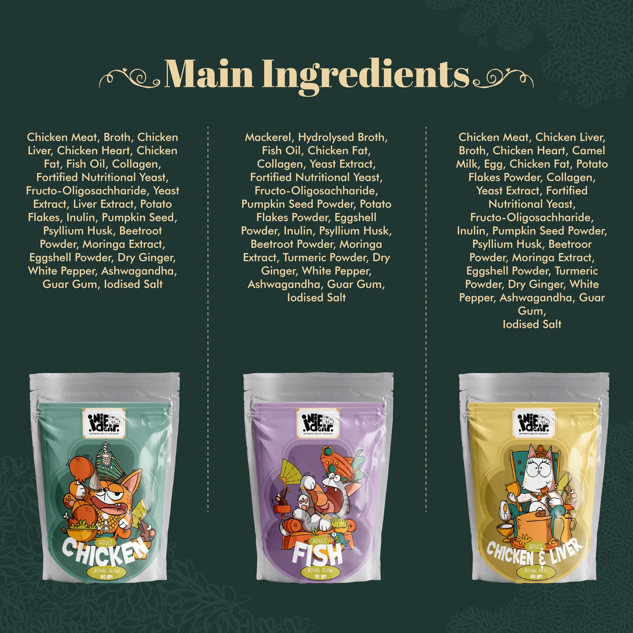 Indie Cat Royal Wet Food for Adult Cats - Trial Combo Pack of 5 (Chicken & Liver 2x80g, Fish 2x70g, Chicken 1x80g), Grain & Gluten Free, No Artificial Flavours, Natural Healthy Minced Cat Food Pouch 1