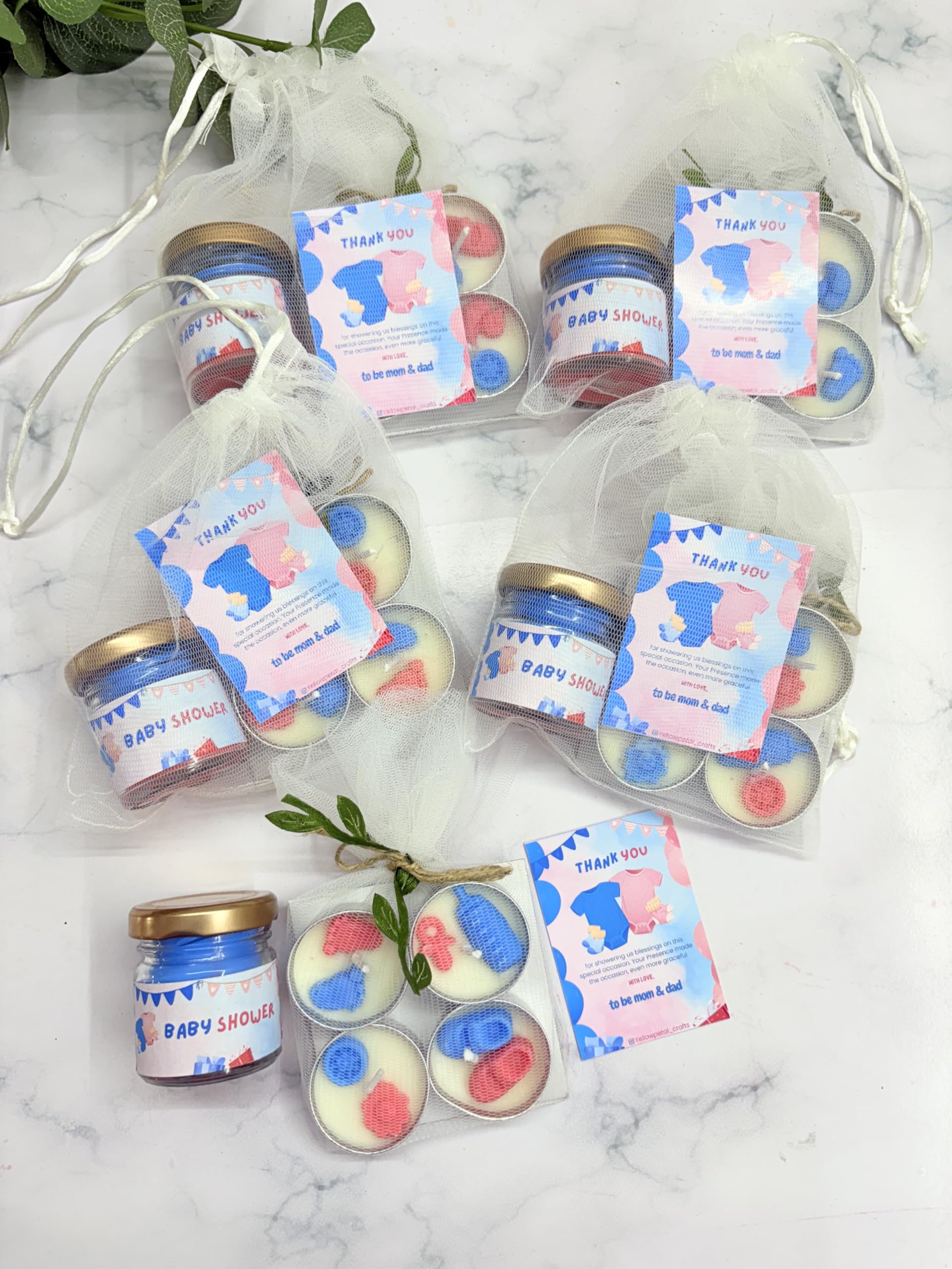 yellow petal Yellow Petal®- Jar Candle & 4 tealight Candle Combo, Baby Shower Gift, Handmade Soap and 100% Soy Scented Candles Combo, White net Pouch Packing, Pink & Blue Colour (5 Sets)-picture-13