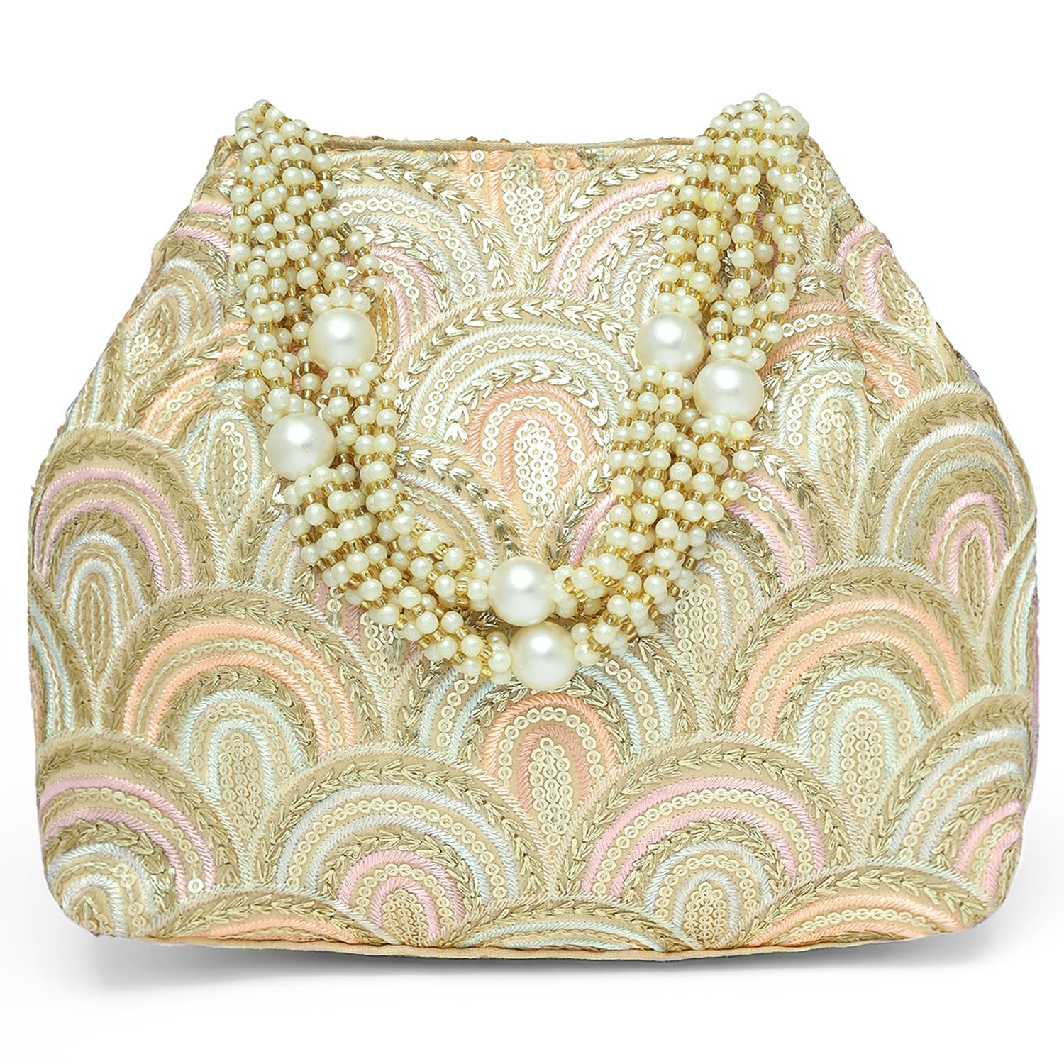 peora Cream Sequins Motifs Potli Bag for Women Handmade Wristlet Handbag Stylish Bridal Purse Fashion Bag for Girls-picture-44